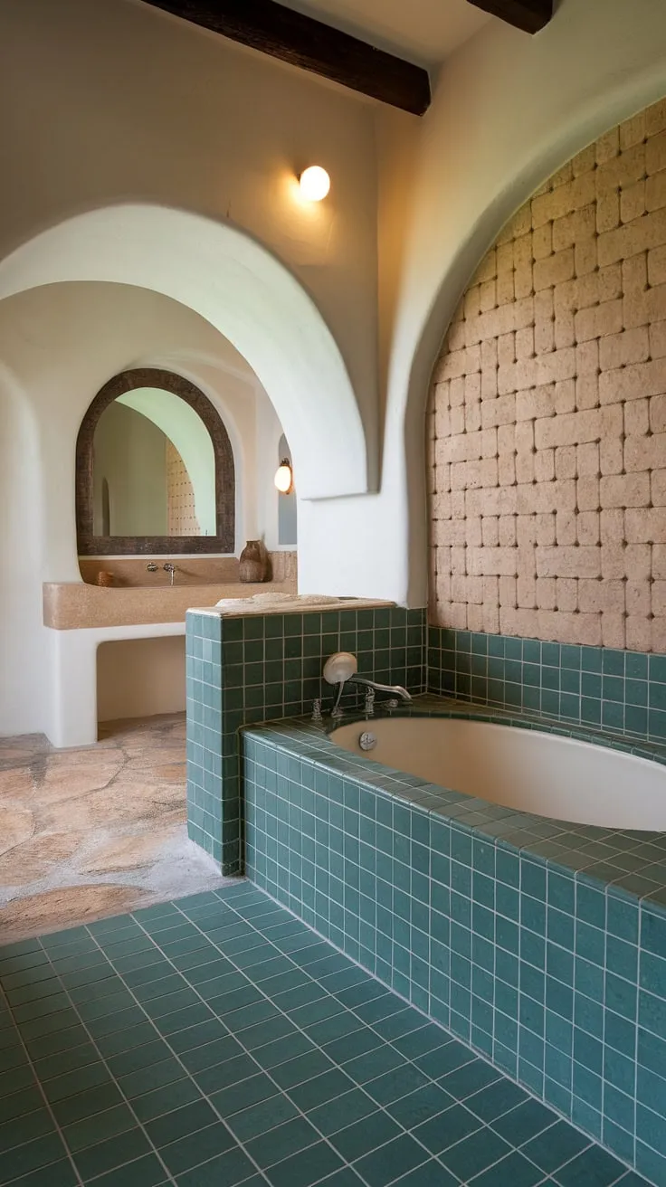 Indulge in the serene escape of this Mediterranean-inspired bathroom. The handcrafted green ceramic tile floor, arched vanity mirror, and uniquely patterned tiled walls create a luxurious and tranquil atmosphere, perfect for unwinding after a long day. A testament to timeless European design.
