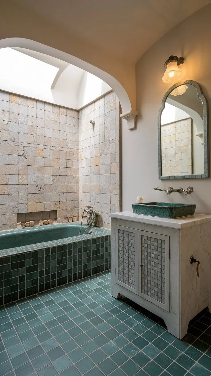 Indulge in the serene escape of this Mediterranean-inspired bathroom. The soft light filtering through the skylight illuminates the green ceramic tile floor, complementing the natural stone walls and a luxurious tiled bathtub. A modern vanity with a white marble countertop and a green ceramic sink adds a touch of contemporary elegance. This is where tranquility meets sophisticated design.