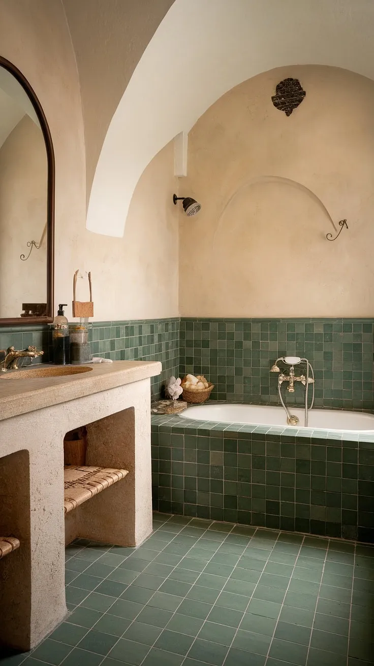 Indulge in the tranquility of this European-inspired Mediterranean bathroom. The soft lighting, arched mirror, and soothing green and beige tiles create a spa-like atmosphere perfect for unwinding after a long day. The natural stone countertop adds a touch of rustic elegance, completing this serene escape. A truly restorative space.