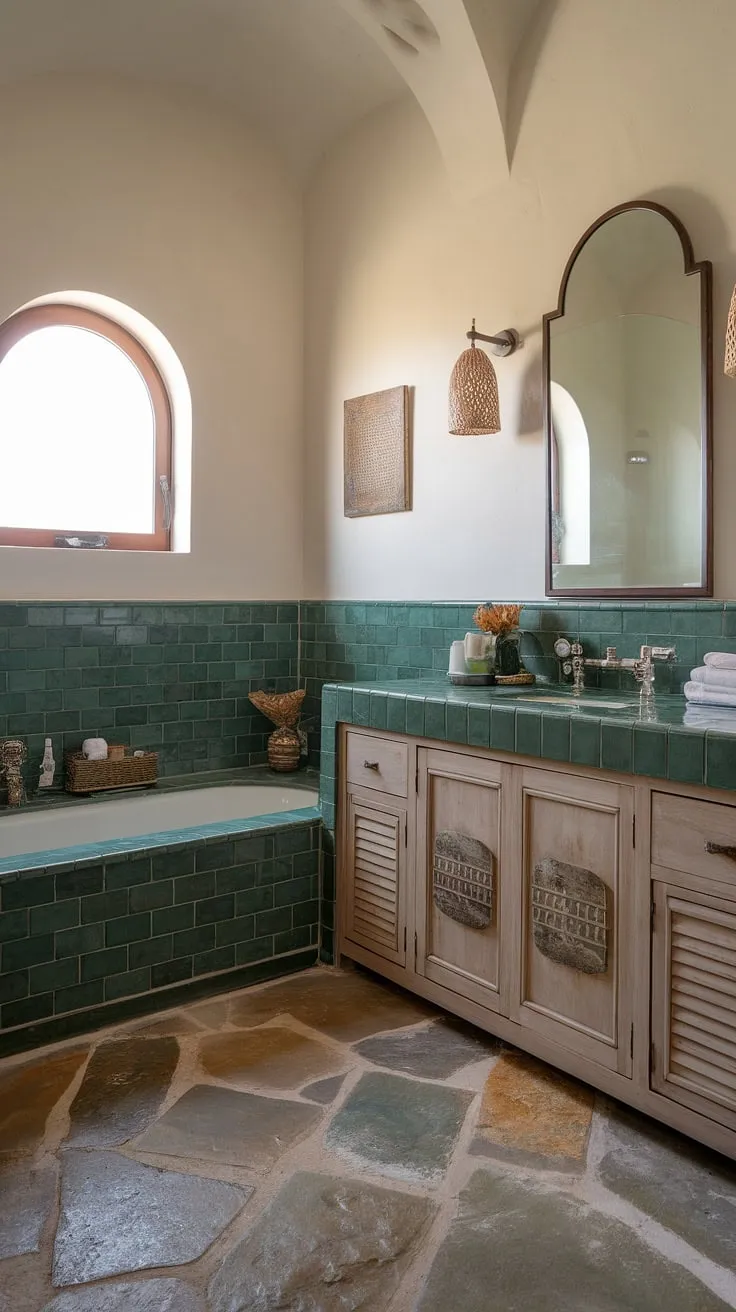 Indulge in the serene escape of this Mediterranean bathroom, where natural stone floors meet the calming embrace of green ceramic tiles. The arched mirror above the vanity reflects the soft light, creating a tranquil atmosphere perfect for unwinding. A tiled bathtub completes this sanctuary of modern Mediterranean design.