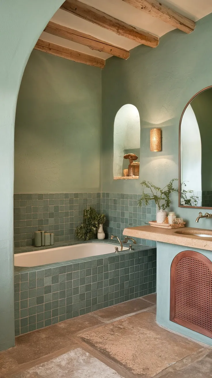 Bathed in soft light, this Mediterranean-inspired bathroom offers a tranquil retreat. The green ceramic tile walls and natural stone floor create a calming atmosphere, while the arched vanity mirror adds a touch of elegance. A truly luxurious space for self-care.