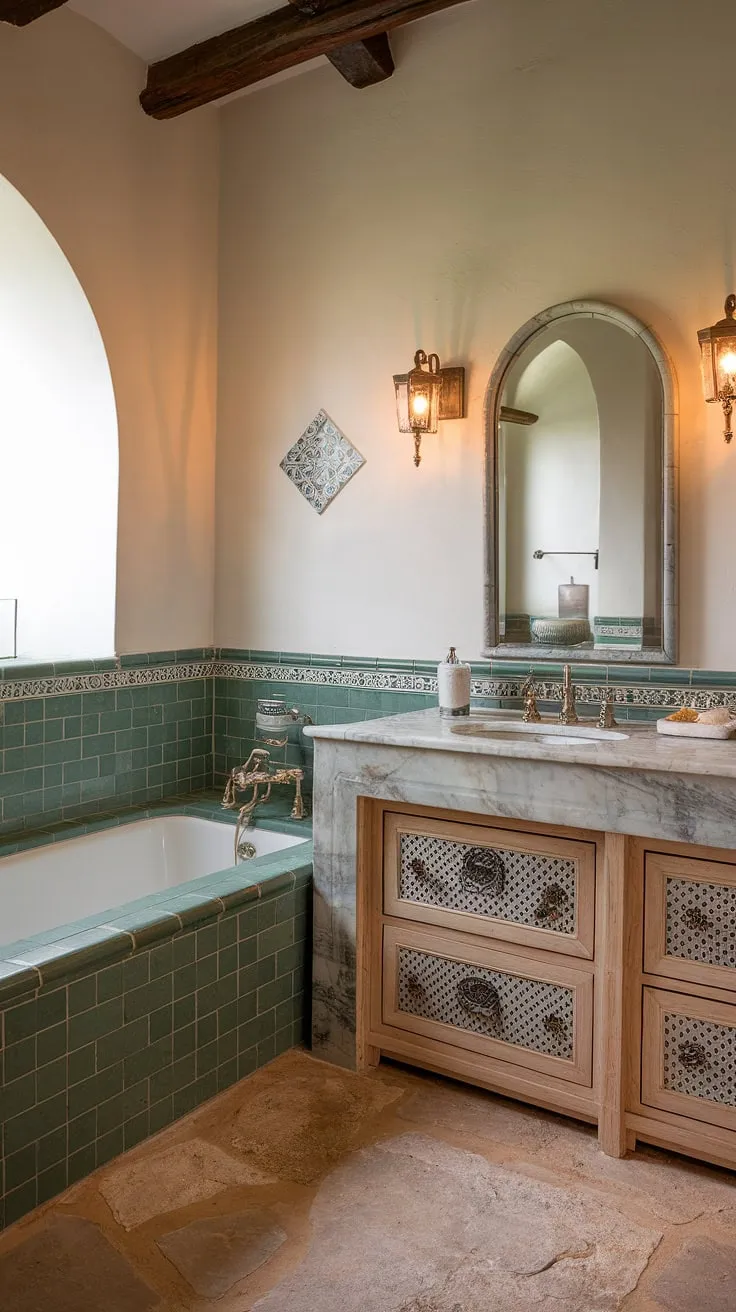 Indulge in the serene escape of this Mediterranean bathroom, where the soothing green tiles and natural stone flooring create a sanctuary of tranquility. The arched mirror and marble vanity add a touch of European elegance, while the tiled bathtub promises moments of blissful relaxation. A perfect blend of comfort and style.