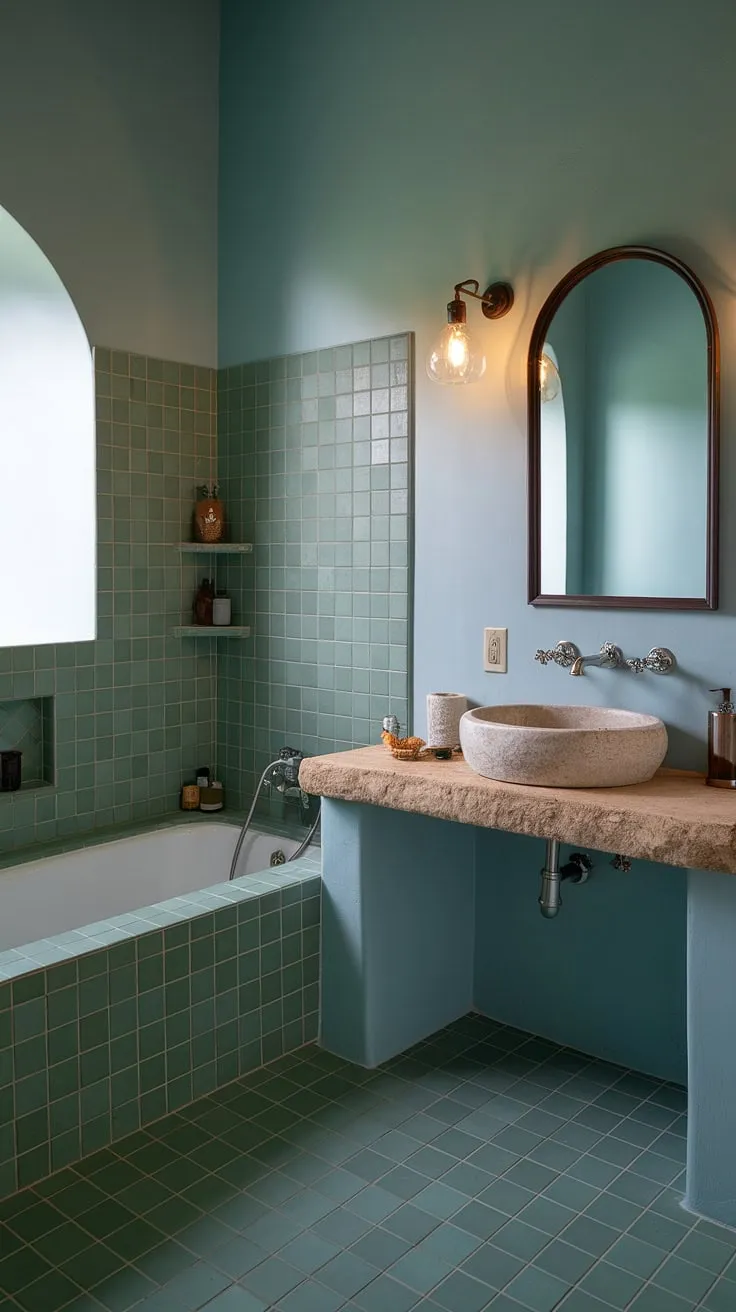 Indulge in the simple pleasures of life. This serene bathroom, featuring a stunning combination of green ceramic tiles, a natural stone countertop, and a soothing blue palette, is the perfect sanctuary for relaxation. The arched mirror and tiled bathtub complete the Mediterranean-inspired design, offering A haven of peace and tranquility.