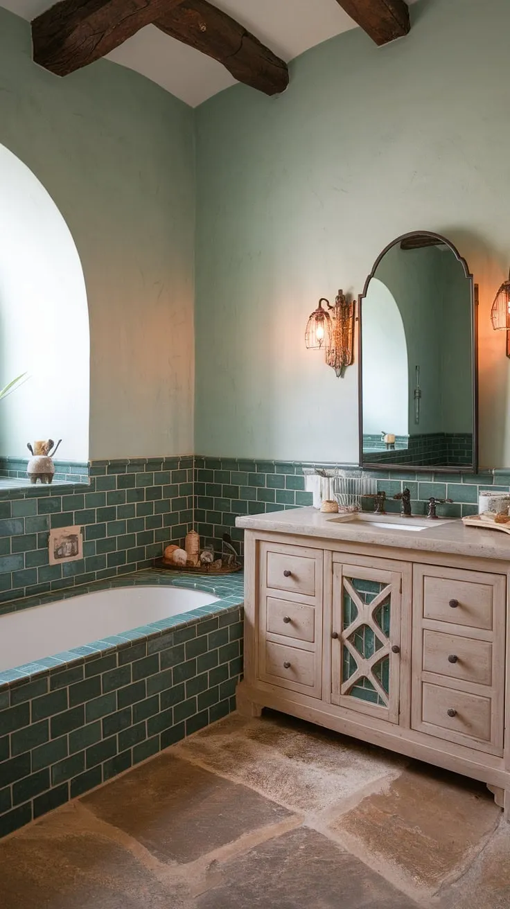 Indulge in the beauty of this modern Mediterranean bathroom. The rich green ceramic tile walls, complemented by the natural stone floor and a stylish vanity with an arched mirror, create a harmonious and inviting atmosphere. A sanctuary of calm, perfect for escaping the everyday.