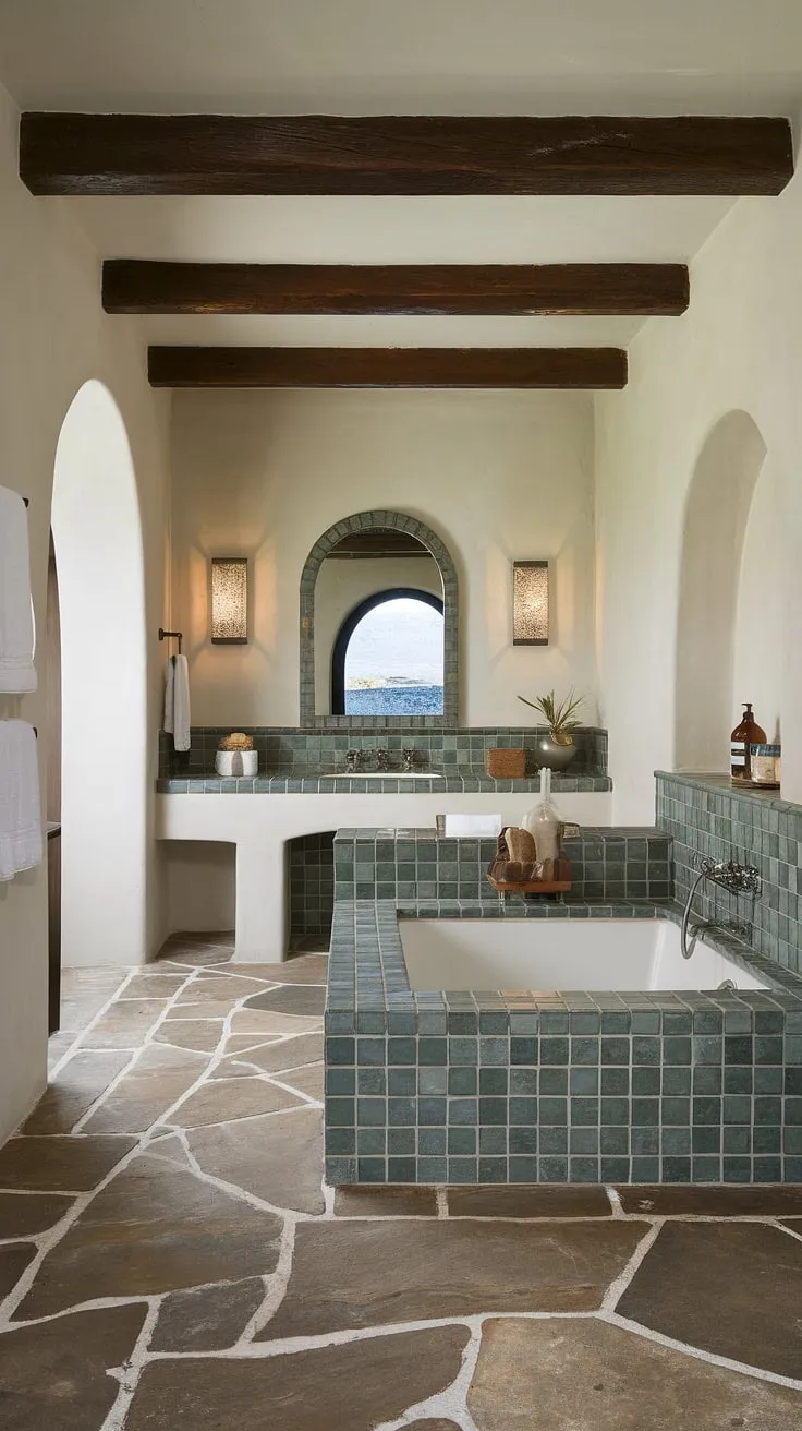 Indulge in the serene escape of this modern Mediterranean bathroom. The calming green tile accents and natural stone flooring create a tranquil oasis, perfect for unwinding after a long day. The arched vanity mirror adds a touch of classic elegance, completing this sanctuary of style and comfort.