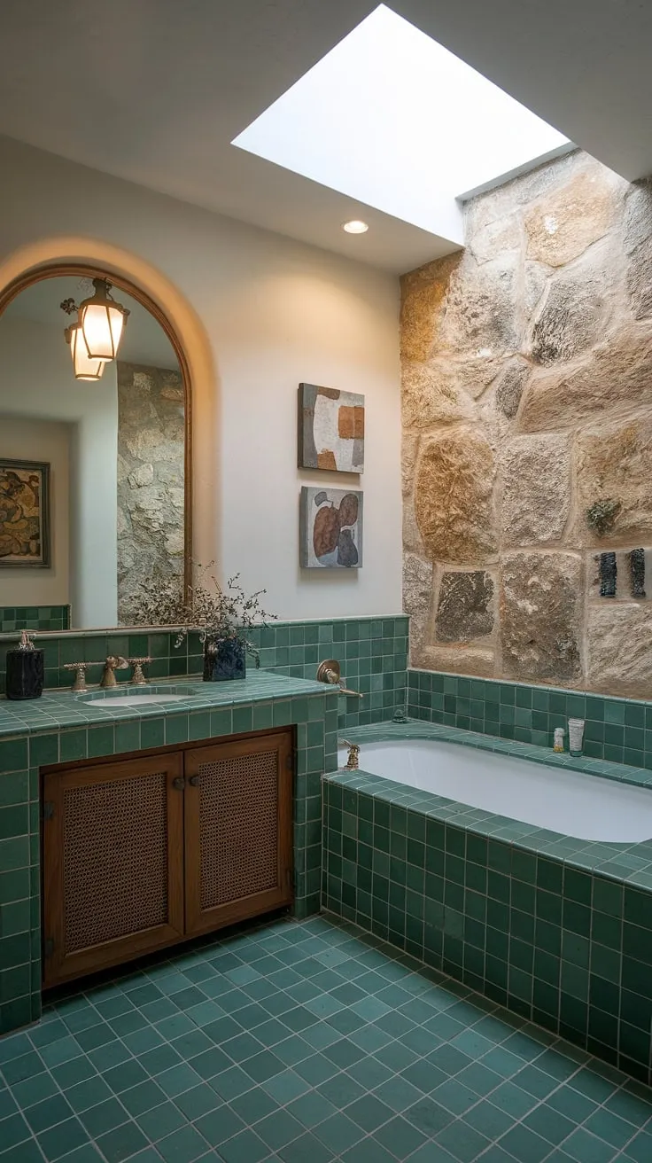 Bathed in natural light, this modern bathroom seamlessly blends Mediterranean charm with contemporary design. The stunning tiled bathtub, complemented by the green ceramic tile flooring and natural stone accents, offers a luxurious escape. A thoughtfully curated vanity and artwork complete the space, creating a haven of tranquility and style.