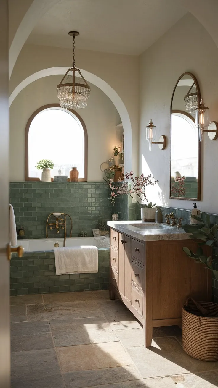 Indulge in the serene escape of this Mediterranean-inspired bathroom. The soft lighting, arched mirror, and luxurious green tile create a haven of tranquility, perfectly complemented by the natural stone floor and modern brass fixtures. A touch of nature completes the ambiance.