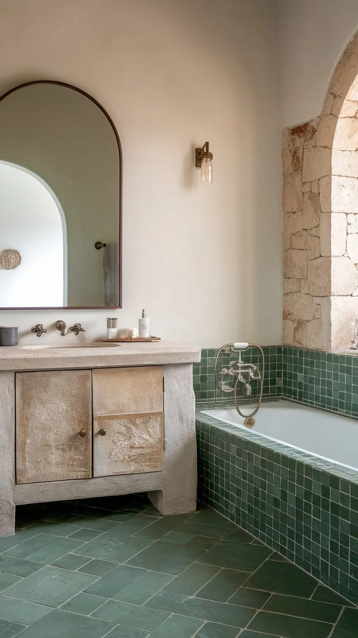Escape to your own private oasis. This Mediterranean bathroom, with its soothing green ceramic tile floor and luxurious tiled bathtub, offers a tranquil retreat. The natural stone walls and arched mirror add to the sense of calm and sophistication, creating the perfect space for self-care and relaxation.