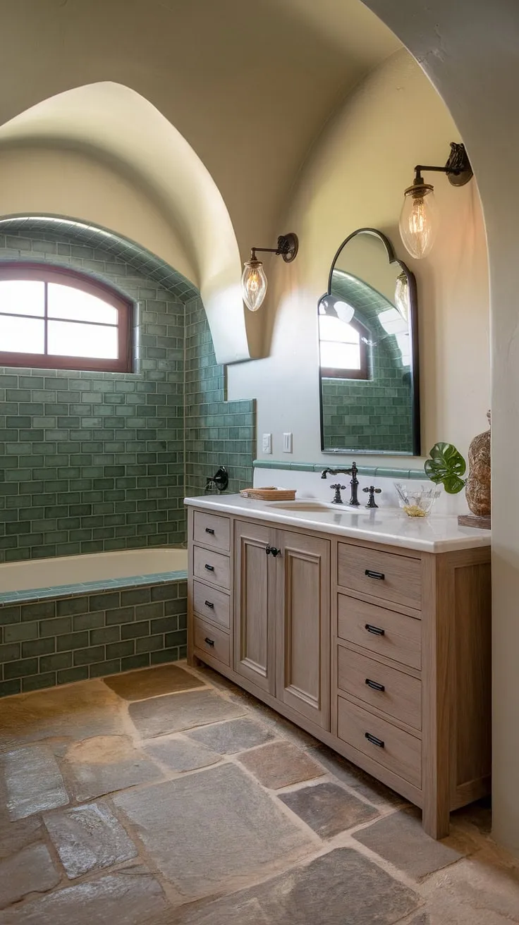 Indulge in the luxurious simplicity of this Mediterranean-inspired bathroom. The soothing green tiles, natural stone floors, and thoughtfully designed fixtures create a haven of calm. A perfectly balanced blend of modern aesthetics and traditional charm, this space is an invitation to relax and reconnect.