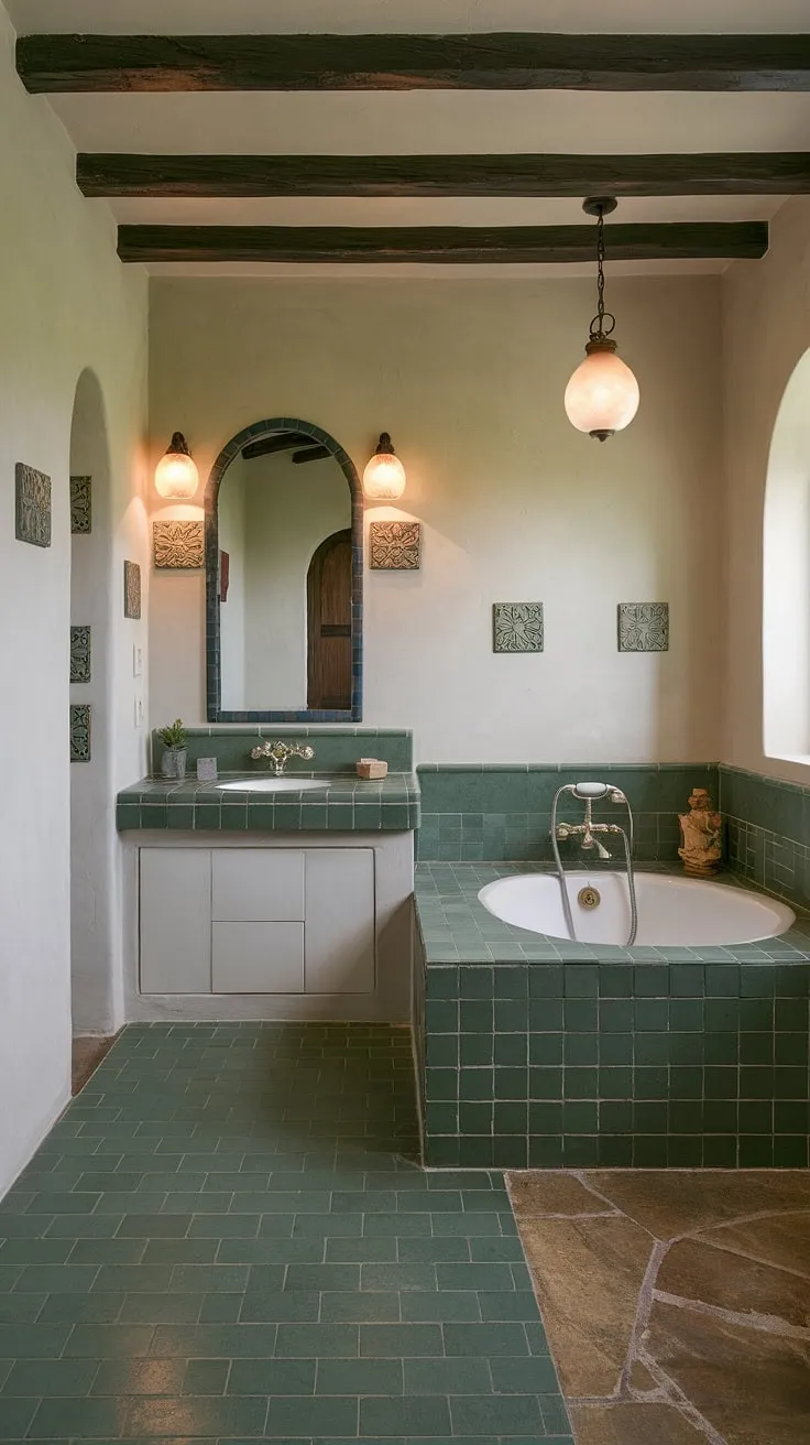Bathed in soft light, this bathroom seamlessly blends traditional Mediterranean design with contemporary elements. The striking green ceramic tile floor and tiled bathtub are complemented by the arched vanity mirror and decorative wall tiles, creating a space that is both stylish and functional. A sanctuary of calm and understated elegance.