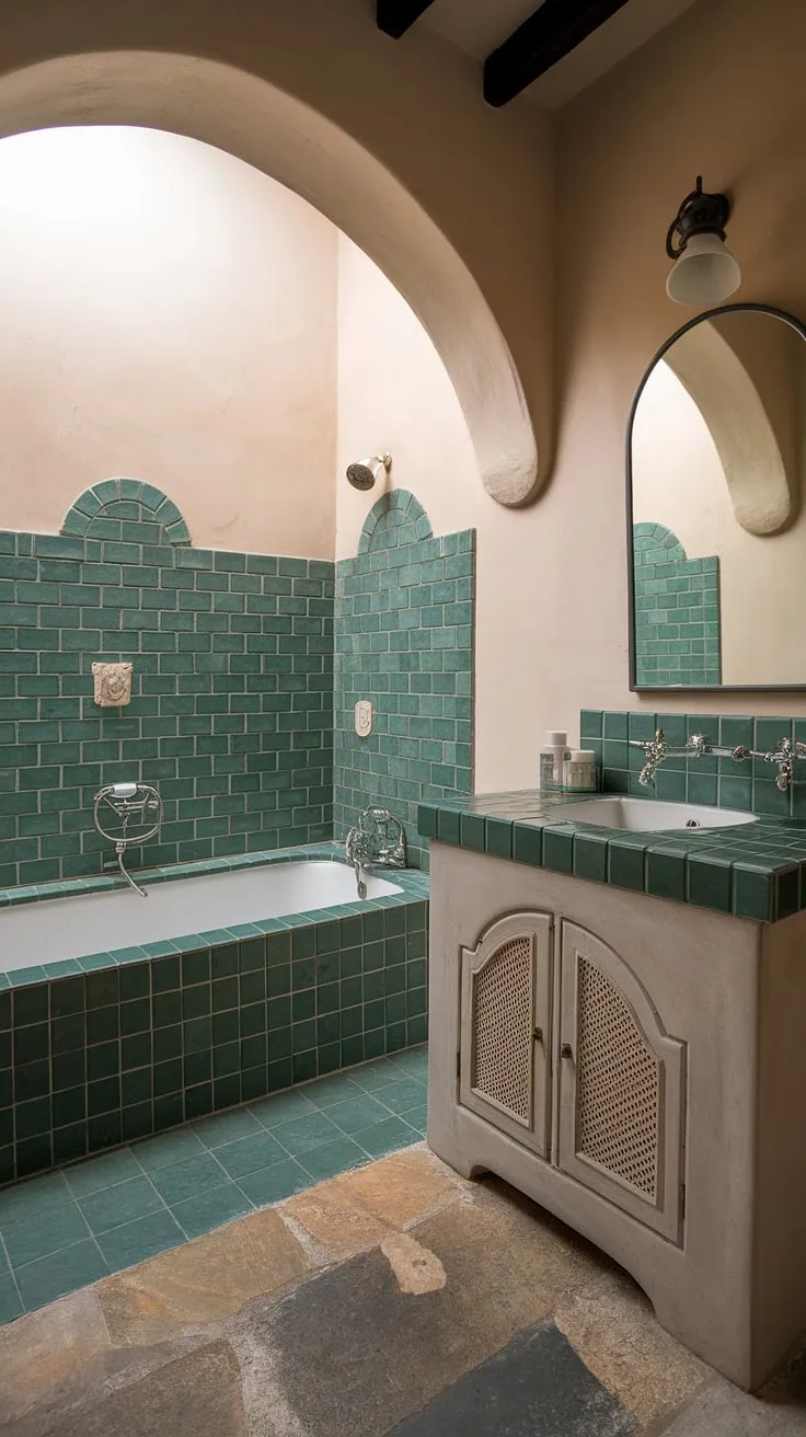 Indulge in the serene escape of this Mediterranean-inspired bathroom, where the cool green tiles and natural stone flooring create a tranquil oasis. The arched mirror and white ceramic sink add a touch of modern European elegance, while the tiled bathtub promises moments of blissful relaxation. A perfectly complements this sanctuary of calm.