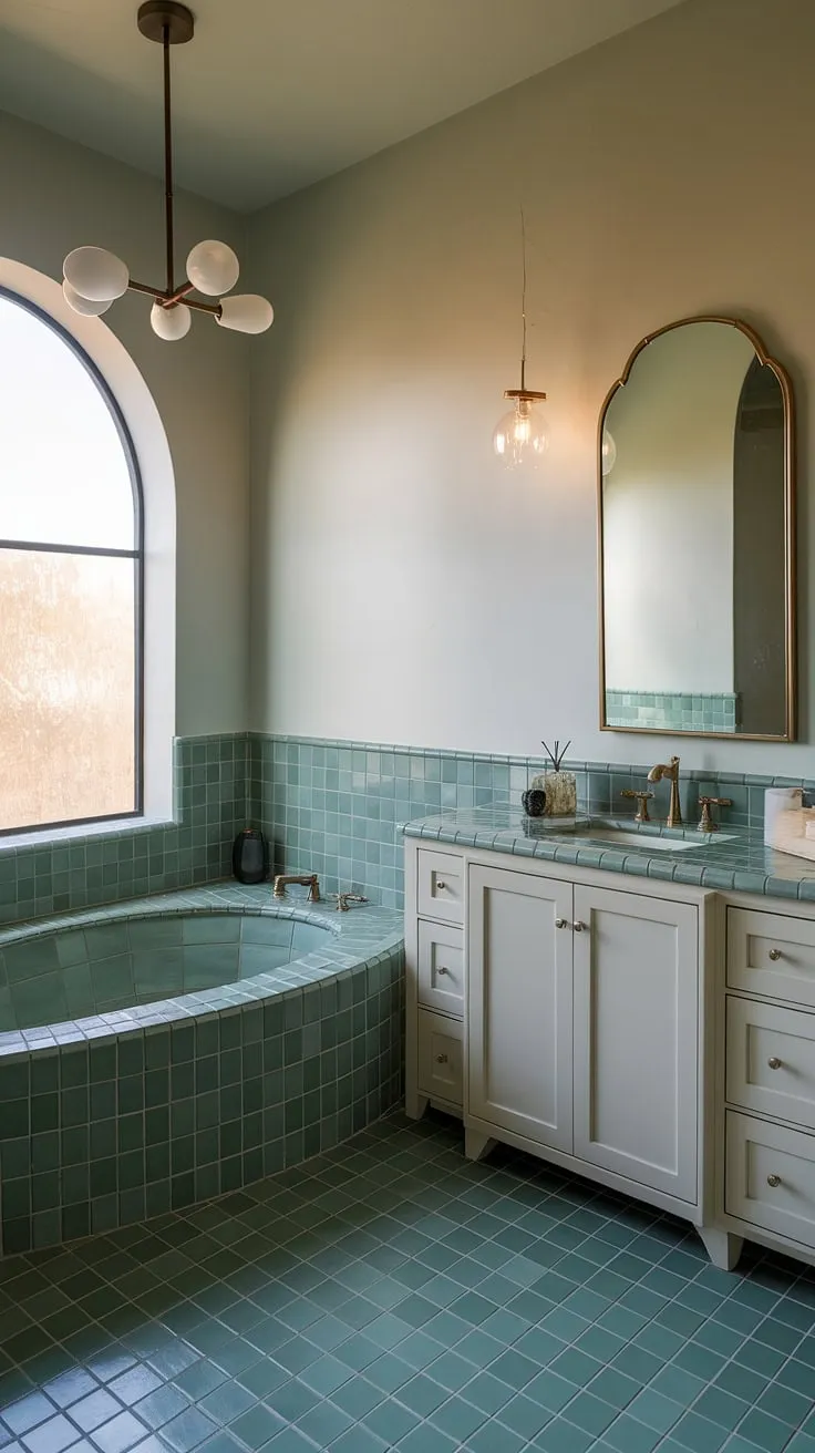 Escape to your own private oasis. This bathroom's calming green palette, from the floor to the walls, is complemented by the luxurious curved bathtub and elegant fixtures. The natural light streaming through the window enhances the sense of peace and rejuvenation, creating a sanctuary for the soul.