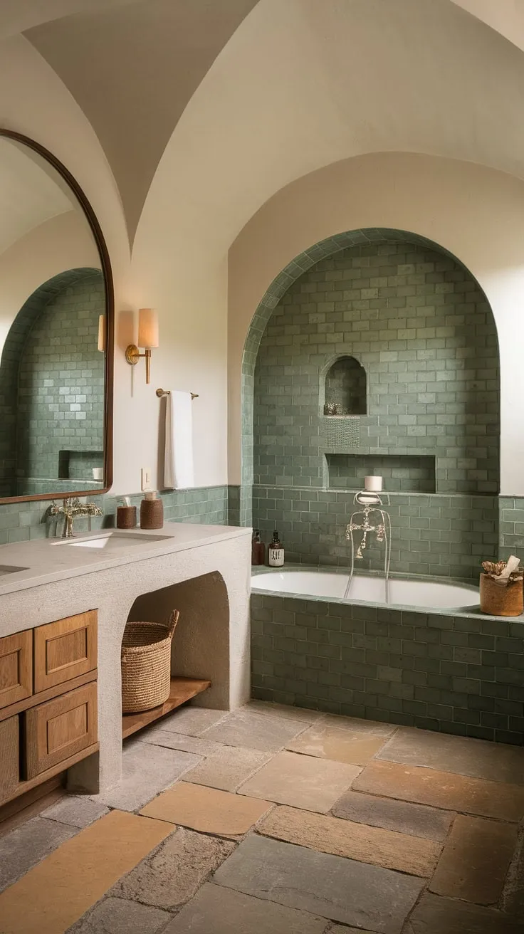 Bathed in soft light, this modern bathroom seamlessly blends Mediterranean aesthetics with contemporary design. The rich green ceramic tile walls, natural stone flooring, and a thoughtfully designed tiled bathtub offer a luxurious and relaxing experience. A testament to refined European style.