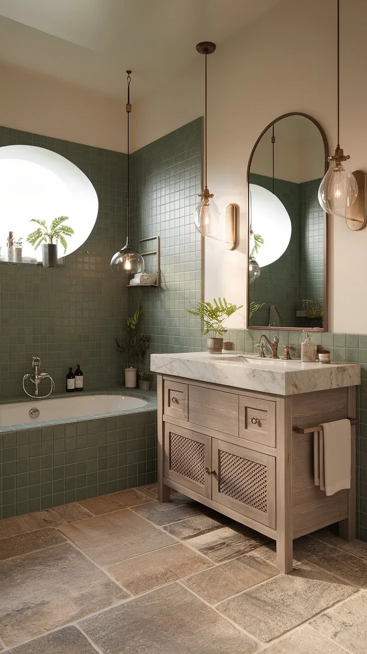 Bathed in soft light, this minimalist bathroom is a haven of tranquility. The luxurious marble vanity, green ceramic tile walls, and thoughtfully placed plants create a spa-like atmosphere. A true testament to sophisticated design.