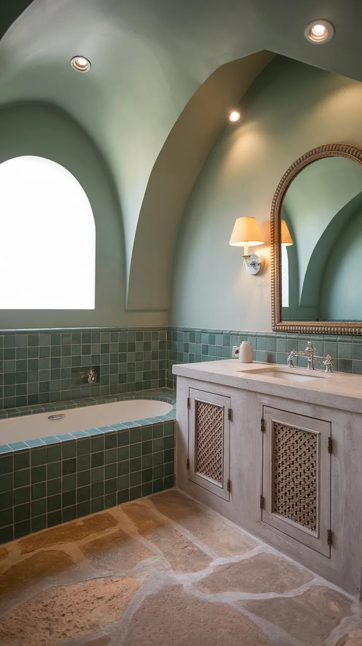 Indulge in the serene escape of this Mediterranean-inspired bathroom. The calming green tiles, natural stone floor, and elegant vanity create a sanctuary for relaxation and rejuvenation. A perfect blend of modern minimalism and timeless style.