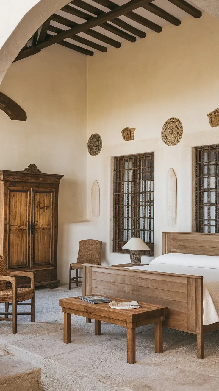 Sunlight streams through the wrought-iron window bars, illuminating the rich textures of this Spanish-style Mediterranean bedroom. The aged wood of the bed and wardrobe, combined with the cool stone floor, creates a haven of rustic elegance. A sense of calm and history pervades the space, whispering tales of sun-drenched afternoons and tranquil evenings.