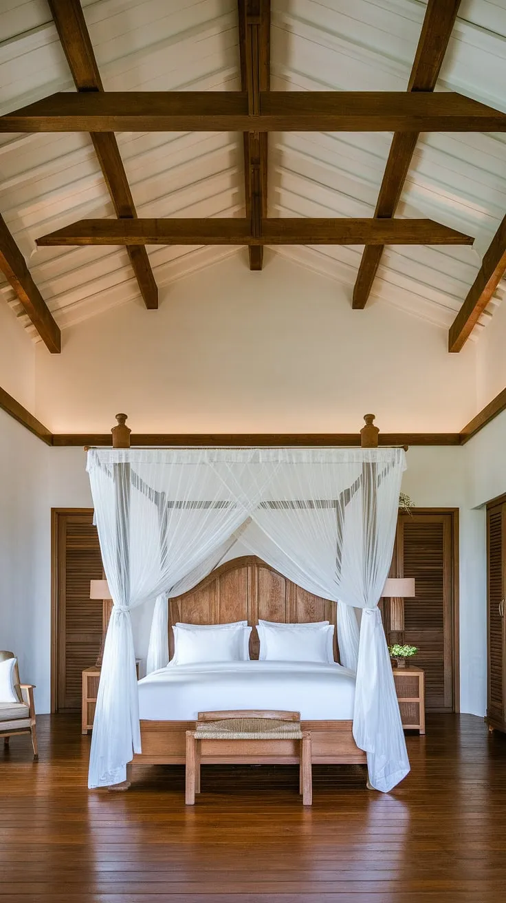 Wake up to the gentle Mediterranean sun streaming through the white curtains, embraced by the warm wood and calming serenity of this idyllic bedroom. The high ceilings and exposed beams create a sense of airy spaciousness, while the handcrafted wooden bed offers a haven of comfort and rest. A perfect escape.