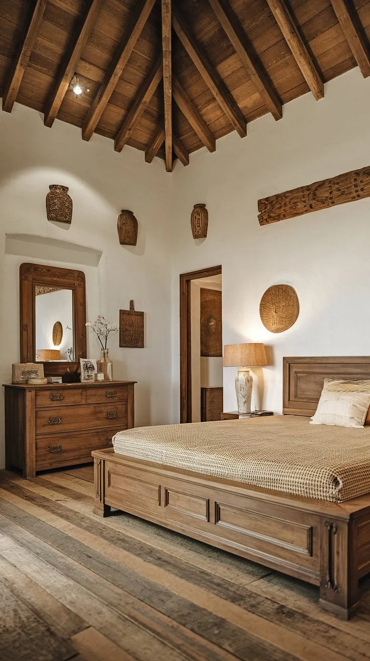 Wake up to the sun-drenched warmth of this Mediterranean haven. The handcrafted wooden bed, woven mattress, and high ceilings create a sanctuary of rustic elegance, a perfect blend of comfort and a timeless style.
