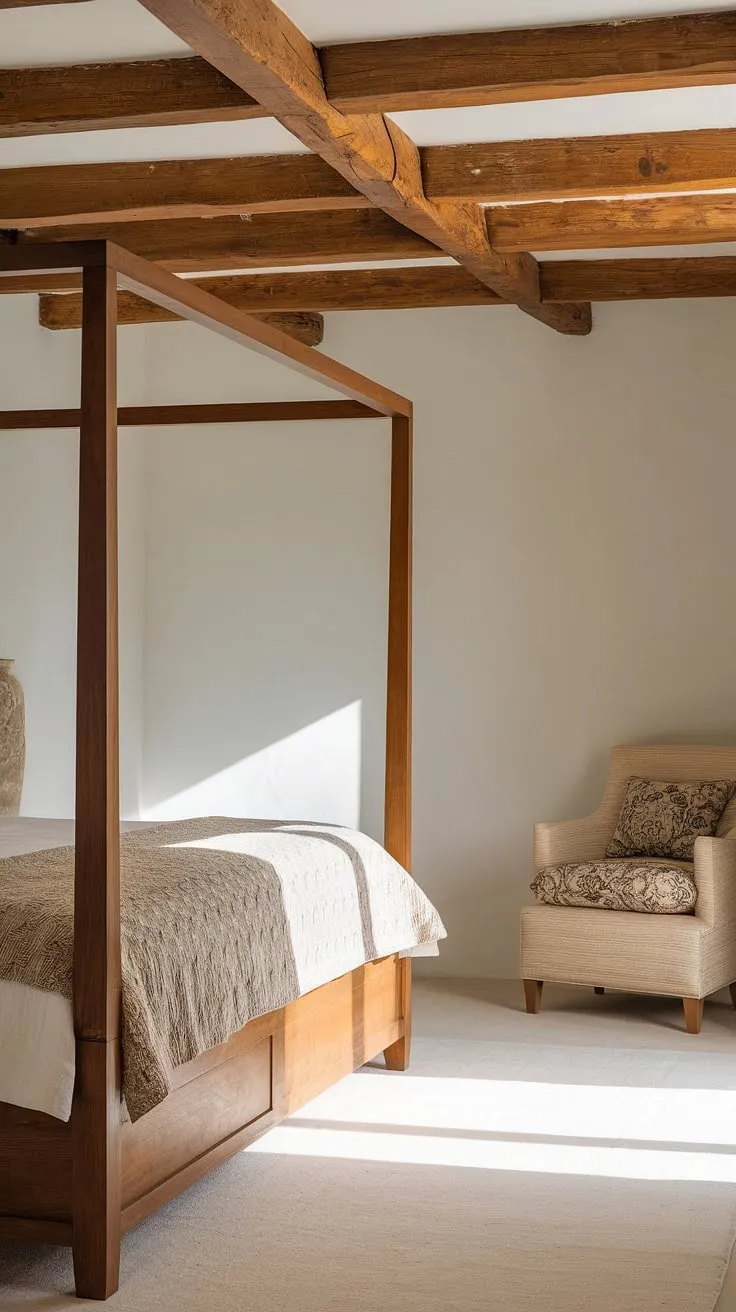 Wake up to the gentle Mediterranean sun in this charming bedroom. The exposed wooden beams and natural light create a warm and inviting atmosphere. The simple yet elegant design, featuring a wooden bed frame and comfortable seating area, promises restful nights and rejuvenating mornings. A perfect escape.