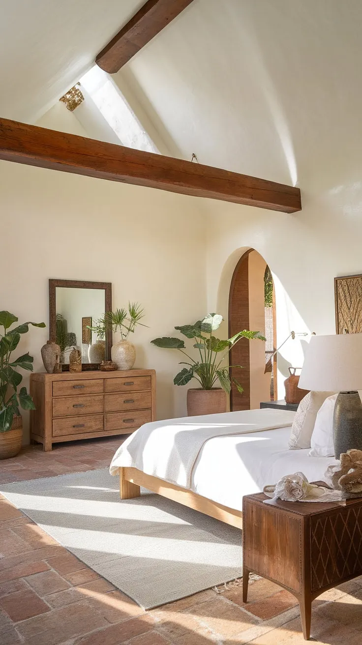 Sunlight streams through the high ceilings of this Spanish villa bedroom, illuminating the terracotta floors and simple wooden furniture. A sense of calm and effortless elegance pervades the space, a testament to the beauty of understated Mediterranean design. The air is thick with the scent of sun-baked earth and blooming jasmine.