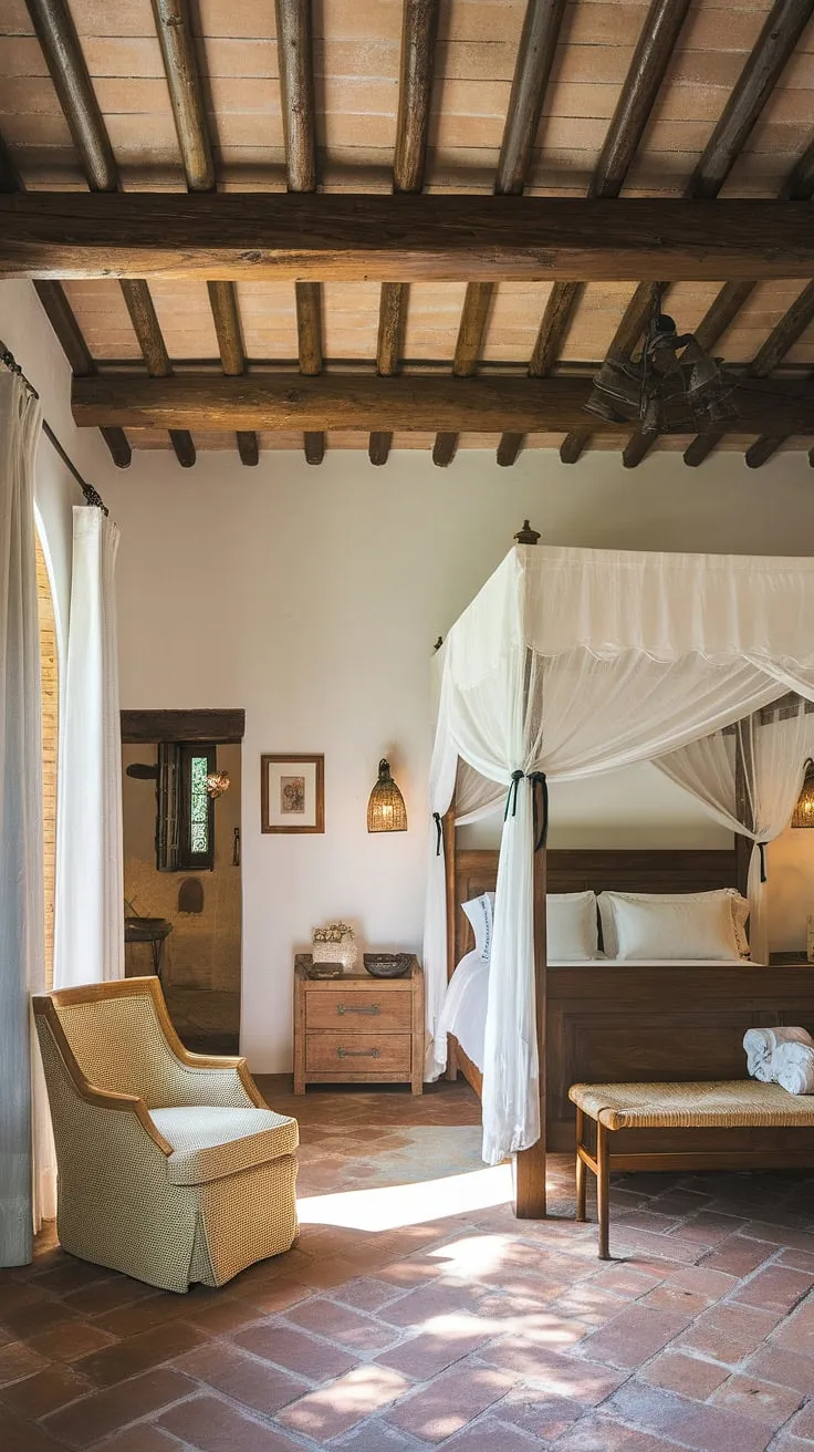 Sunlight streams through the arched window of this Spanish villa bedroom, illuminating the rustic wooden beams and terracotta floor. A white canopy bed, inviting armchair, and simple nightstand complete the serene Mediterranean ambiance. This is the epitome of relaxed luxury.