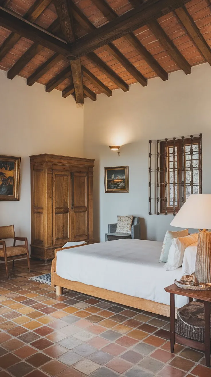 Wake up to the sounds of Spain in this idyllic Mediterranean bedroom. The warm terracotta floors, wooden beams, and simple furnishings create a tranquil atmosphere, perfect for unwinding after a day exploring the sun-drenched landscape. A true sanctuary.