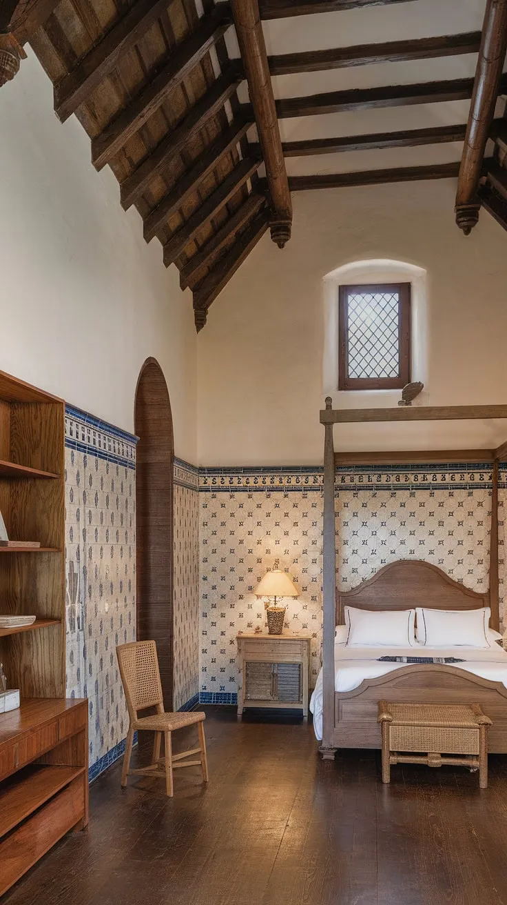 Escape to this idyllic Mediterranean haven. The rustic wooden bed, adorned with a canopy, sits nestled amongst the charming Spanish tiles and exposed wooden beams. A tranquil retreat where history and comfort intertwine, offering a peaceful escape from the everyday.