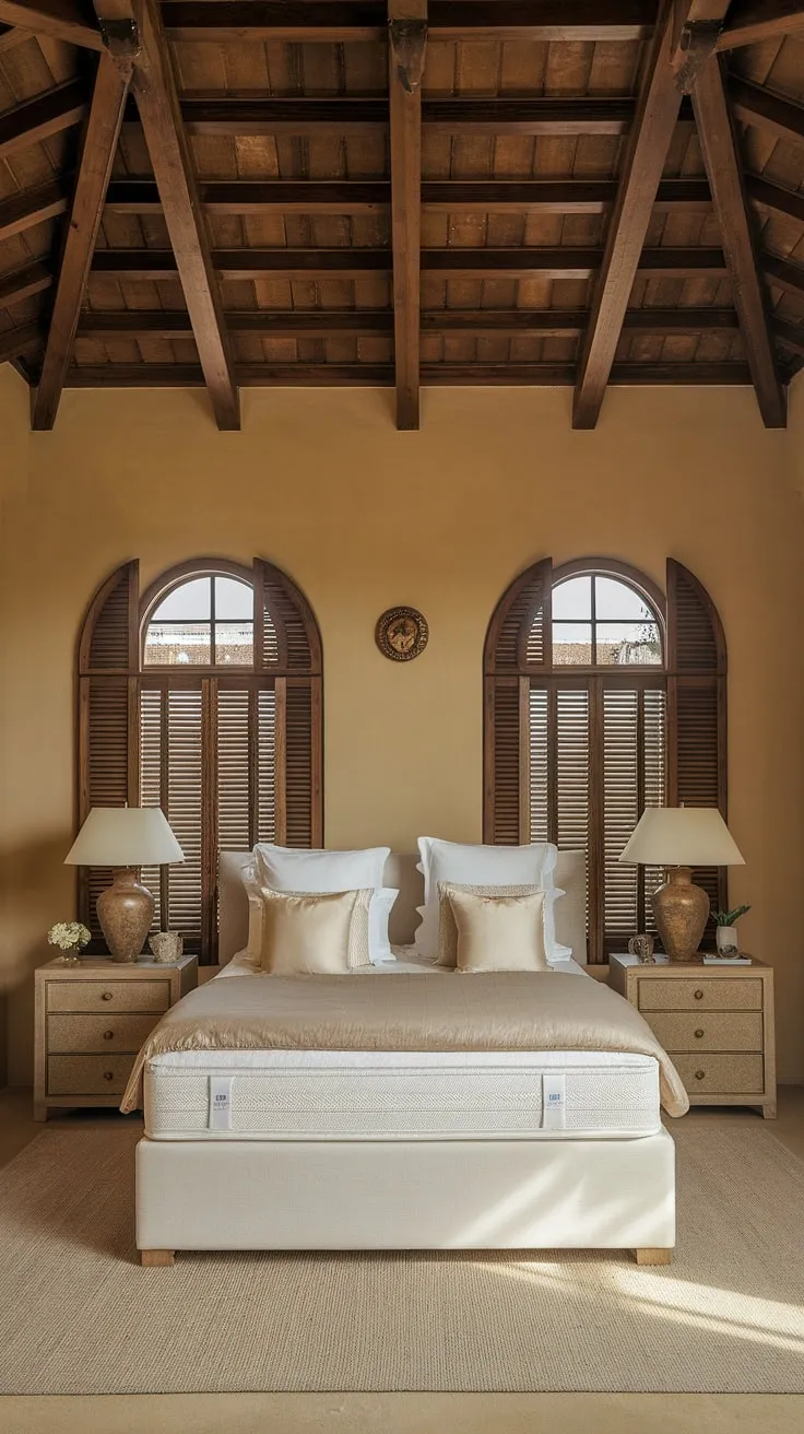 Escape to this idyllic Mediterranean retreat. The rustic wooden ceiling and large window, complete with shutters, invite natural light and a gentle breeze, creating a serene and inviting space for ultimate relaxation. A perfect sanctuary.