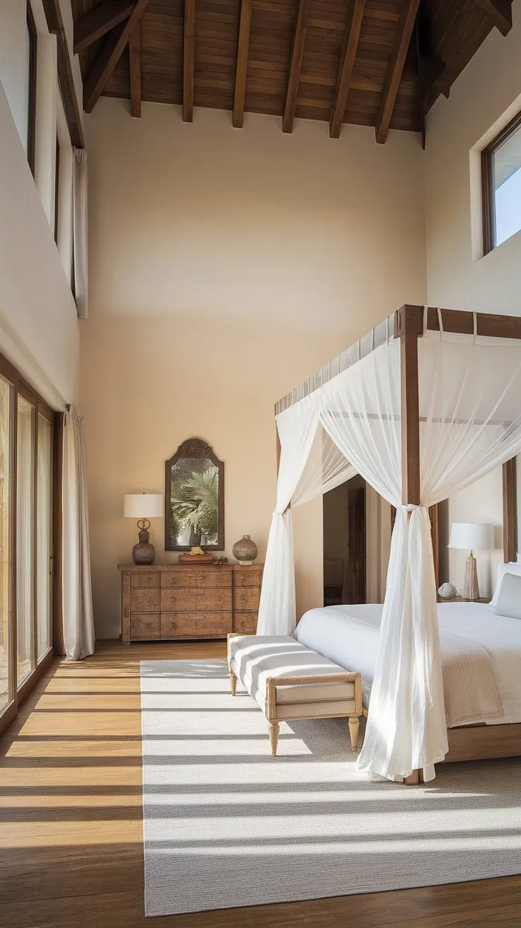 Wake up to the sun-drenched warmth of this Mediterranean-style bedroom. The high ceilings and natural light create a sense of airy spaciousness, while the rich wooden furnishings and comfortable king-size bed offer a haven of tranquility. A perfect retreat for restful nights and rejuvenating mornings.