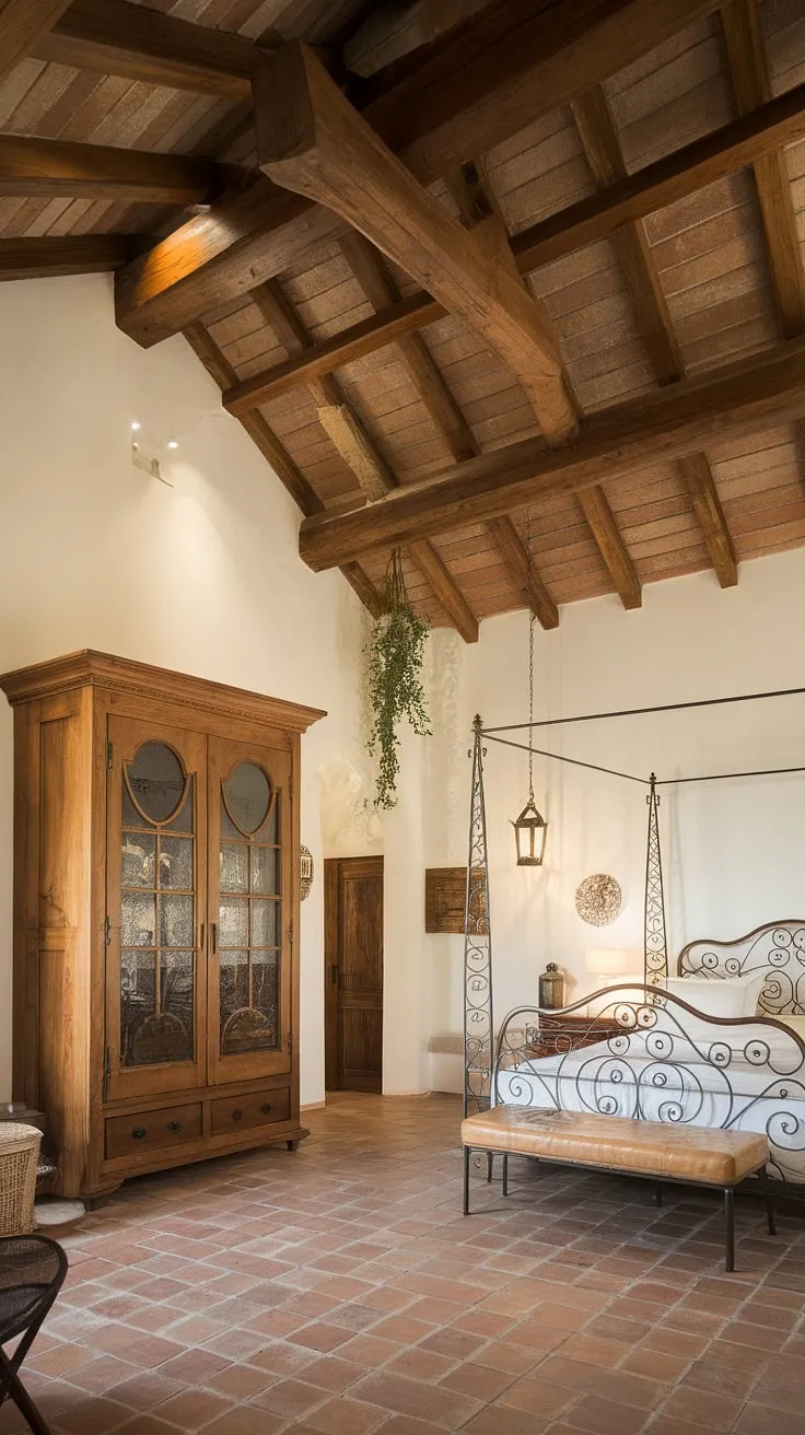 Escape to this sun-drenched Mediterranean bedroom, where the warmth of the terracotta floor meets the cool elegance of whitewashed walls. The exposed wooden beams and handcrafted furniture create a rustic yet refined atmosphere. Every detail, from the wrought-iron canopy bed to the charming lantern, speaks of timeless beauty and effortless style.