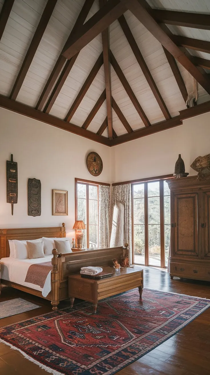 Sunlight streams through the large windows of this stunning Spanish villa bedroom, illuminating the warm wooden interiors. A haven of peace and serenity, this space offers a luxurious retreat, complete with a king-size bed and ample storage. A truly unforgettable experience awaits.