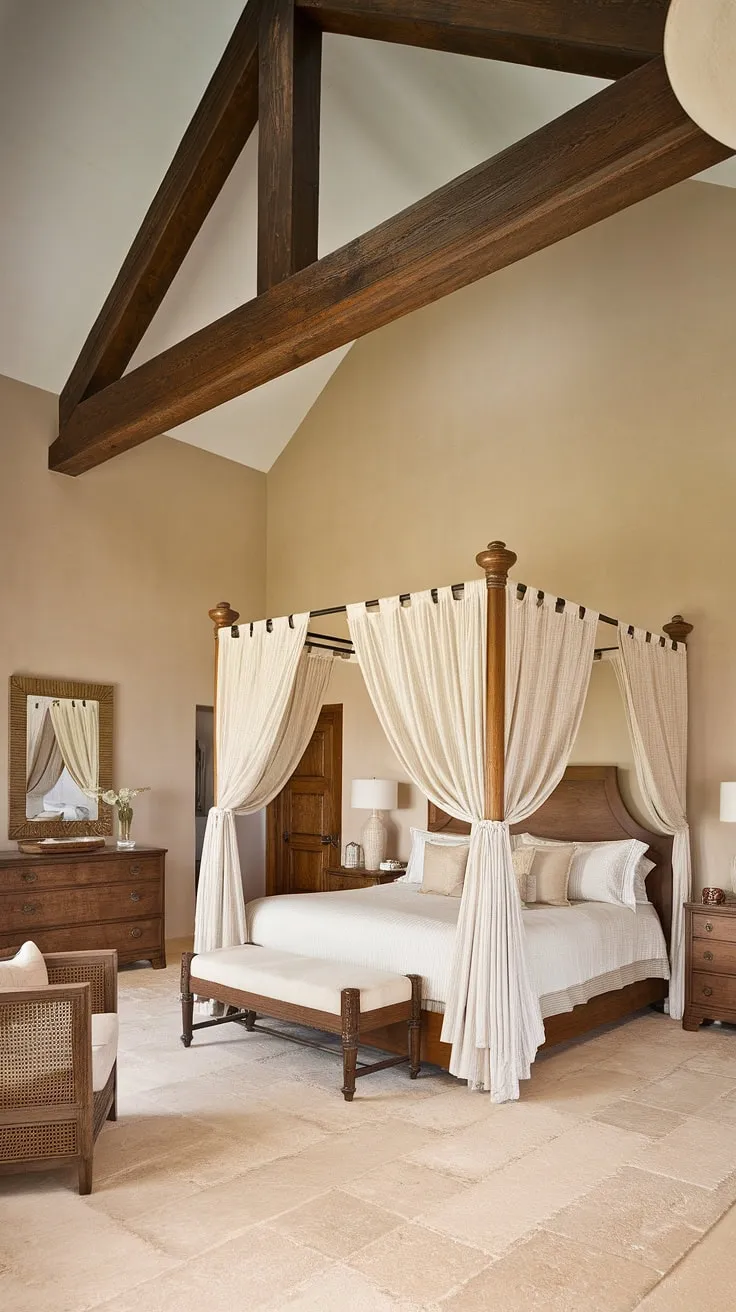 Wake up to the sun-drenched charm of this Mediterranean bedroom. The high ceilings, exposed wooden beams, and four-poster bed create a tranquil escape, perfect for a relaxing getaway. A sense of timeless elegance pervades the space, enhanced by the warm, natural tones and simple yet luxurious furnishings.