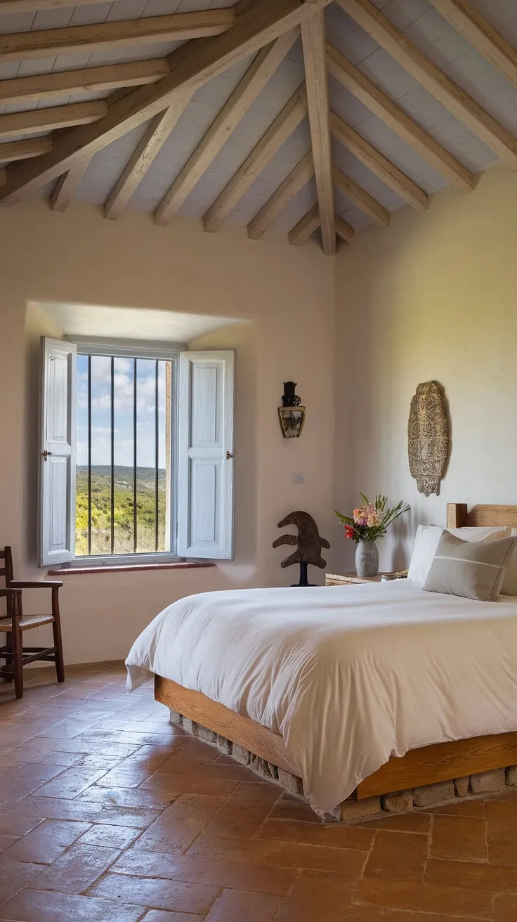 Sunlight streams through the antique window bars, illuminating this tranquil Mediterranean bedroom. The simple elegance of the wooden bed and stone base, accented by a few carefully chosen details, speaks to a life lived slowly and beautifully. A true sanctuary.