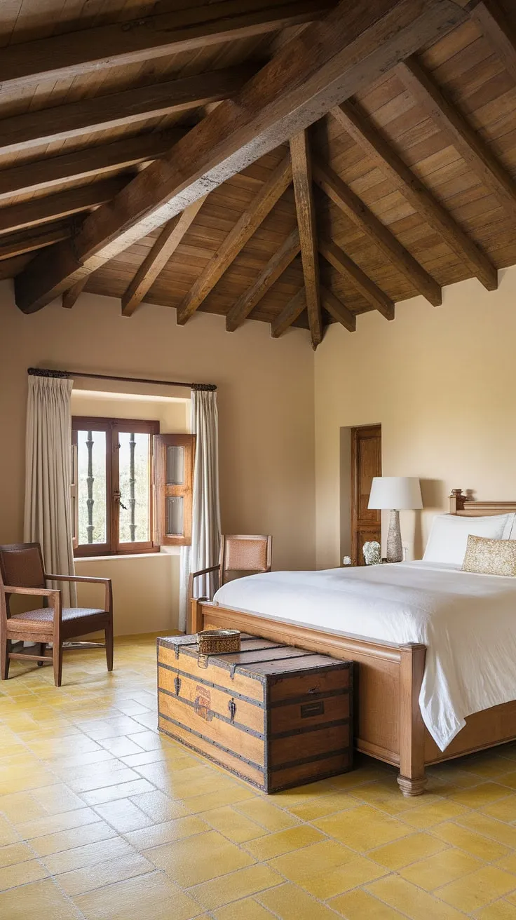 Wake up to the sun-drenched warmth of this Mediterranean haven. The rustic wooden beams and yellow tile floors create a tranquil atmosphere, perfect for a peaceful escape. A simple elegance pervades the space, inviting rest and rejuvenation.