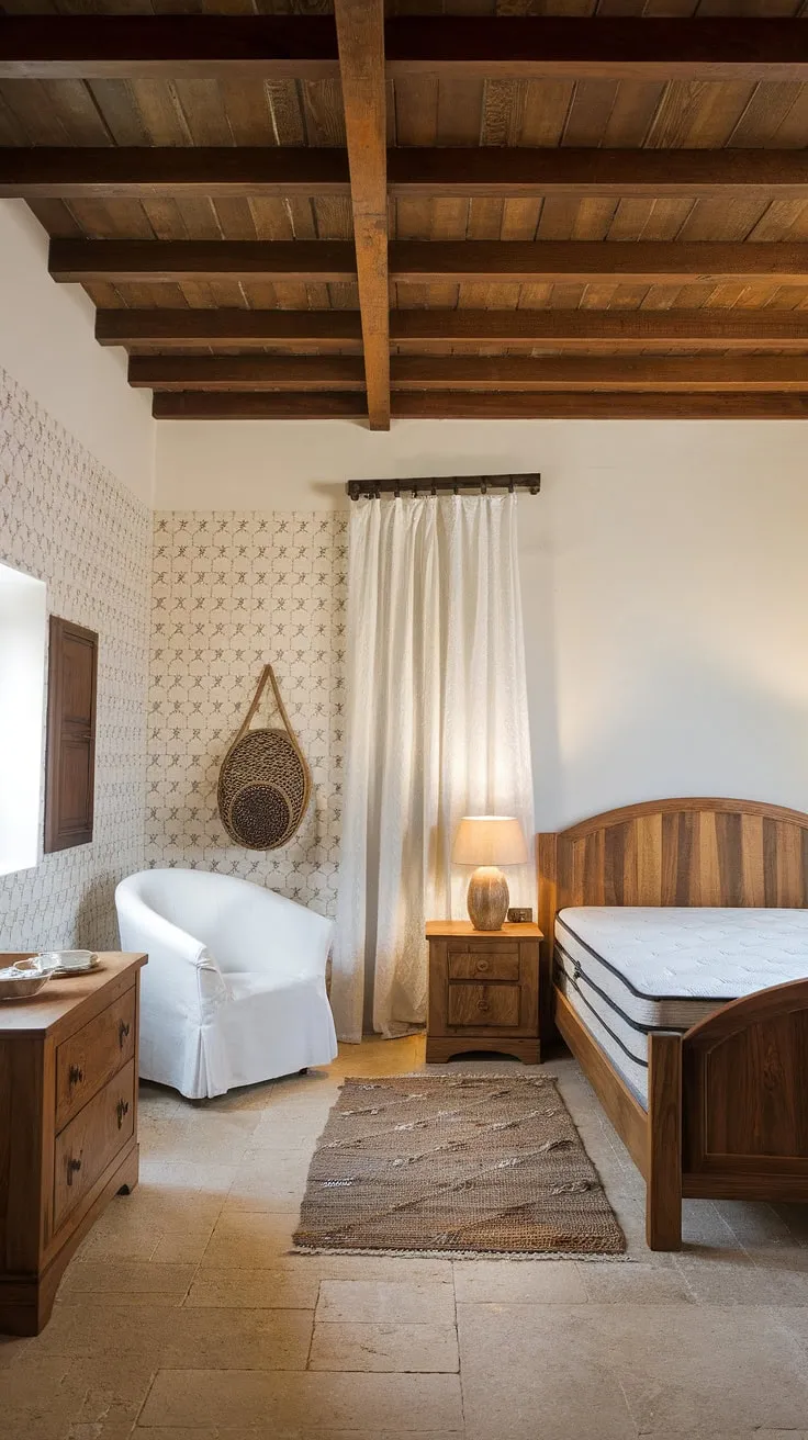 Sunlight streams through the white curtains, illuminating the handcrafted wooden furniture and the inviting space of this Mediterranean bedroom. The carefully chosen details, from the patterned wallpaper to the plush rug, contribute to an ambiance of understated elegance and timeless charm.