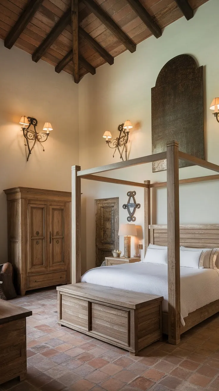 Wake up to the sun-drenched warmth of the Mediterranean in this rustic haven. The handcrafted wooden bed, high ceilings, and terracotta floors create a sanctuary of calm and understated elegance. A perfect escape.