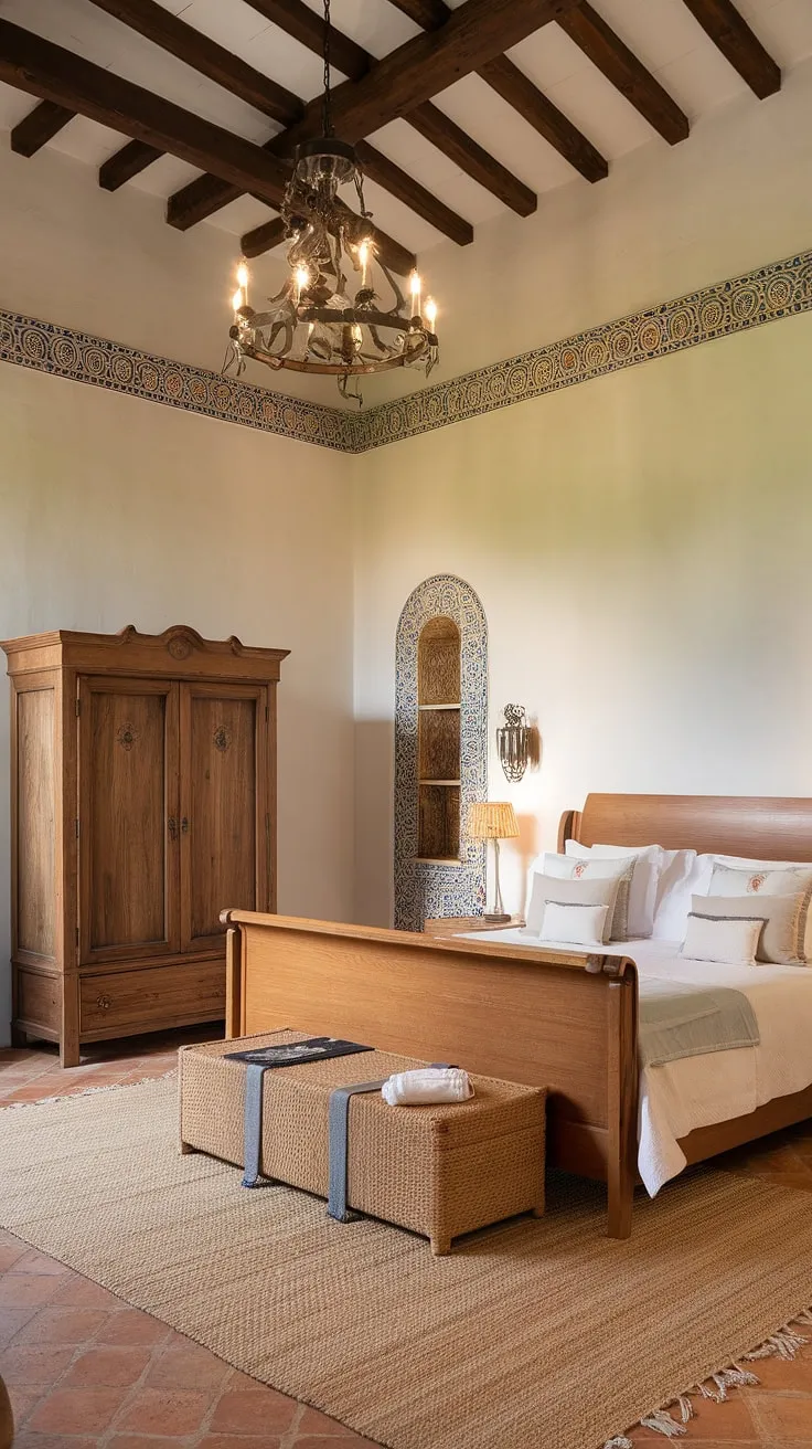 Sunlight streams through unseen windows, illuminating the terracotta floors and hand-hewn beams of this Spanish villa's master bedroom. The ornate chandelier casts a warm glow on the king-size bed, a haven of comfort nestled within the whitewashed walls and decorative tilework. A sense of timeless elegance pervades the space, a testament to the enduring allure of Mediterranean design.