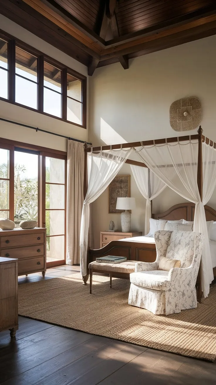 Sunlight streams through the large windows of this idyllic Mediterranean bedroom, illuminating the rich textures of the wooden interior. The white canopy bed, complemented by a charming floral chair and rustic wooden dresser, offers a sanctuary of calm and understated luxury. A space designed for peaceful slumber and blissful mornings.