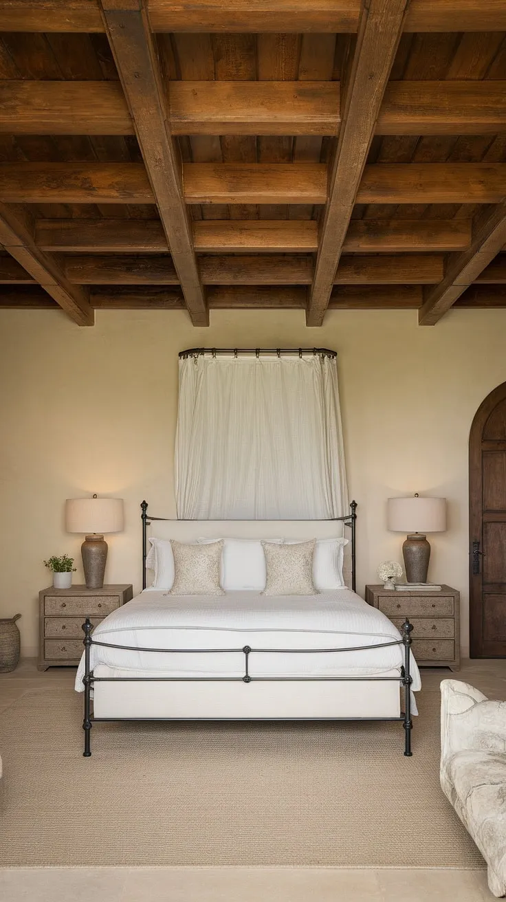 Wake up to the sun-drenched charm of this Mediterranean-style bedroom. The exposed wooden beams and soft beige walls create a tranquil atmosphere, perfectly complemented by the simple elegance of the black metal bed frame. A peaceful retreat awaits.