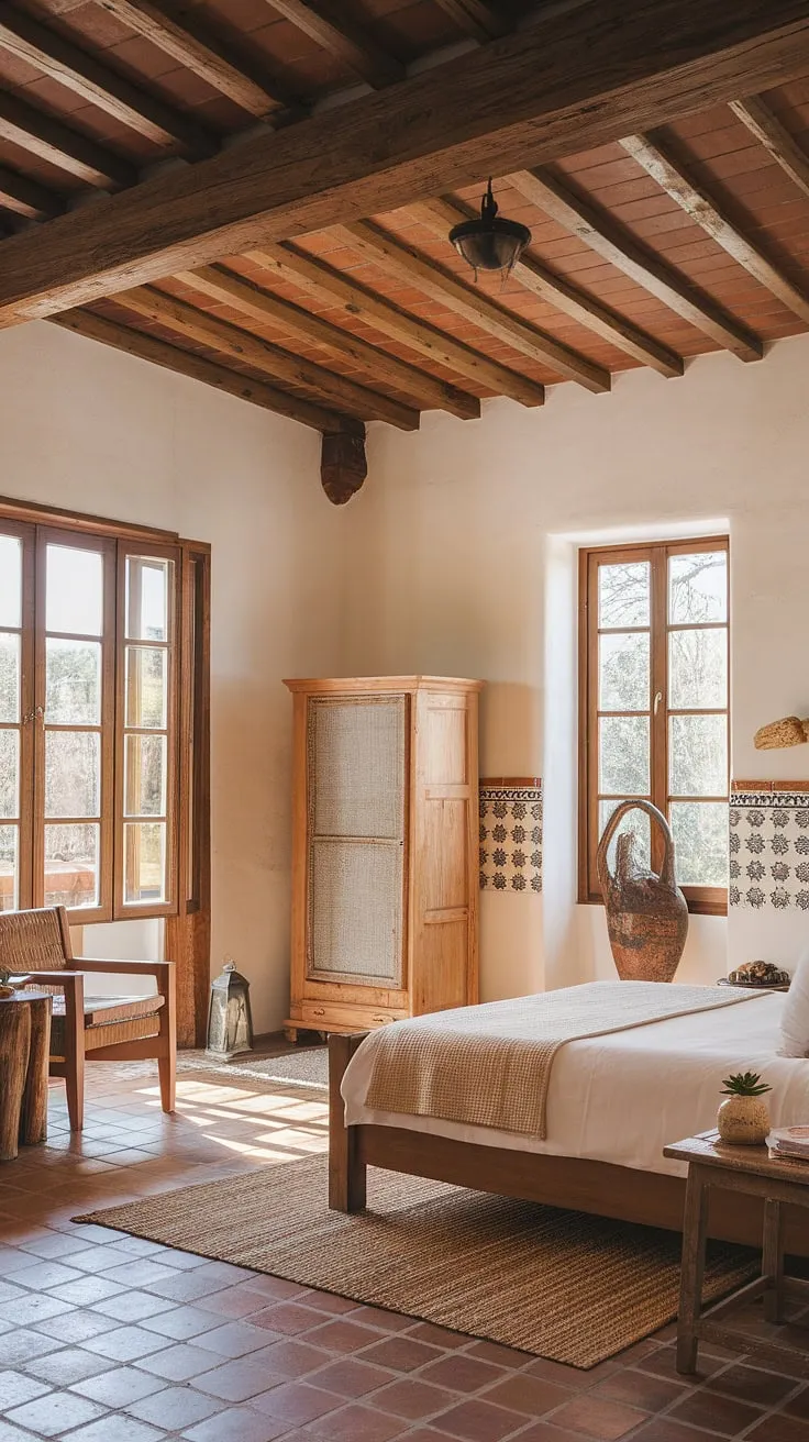Wake up to the Mediterranean sun in this idyllic Spanish villa bedroom. The rustic wooden furniture, terracotta floors, and hand-selected tile accents create a warm and inviting atmosphere. A haven of calm and rustic charm awaits.