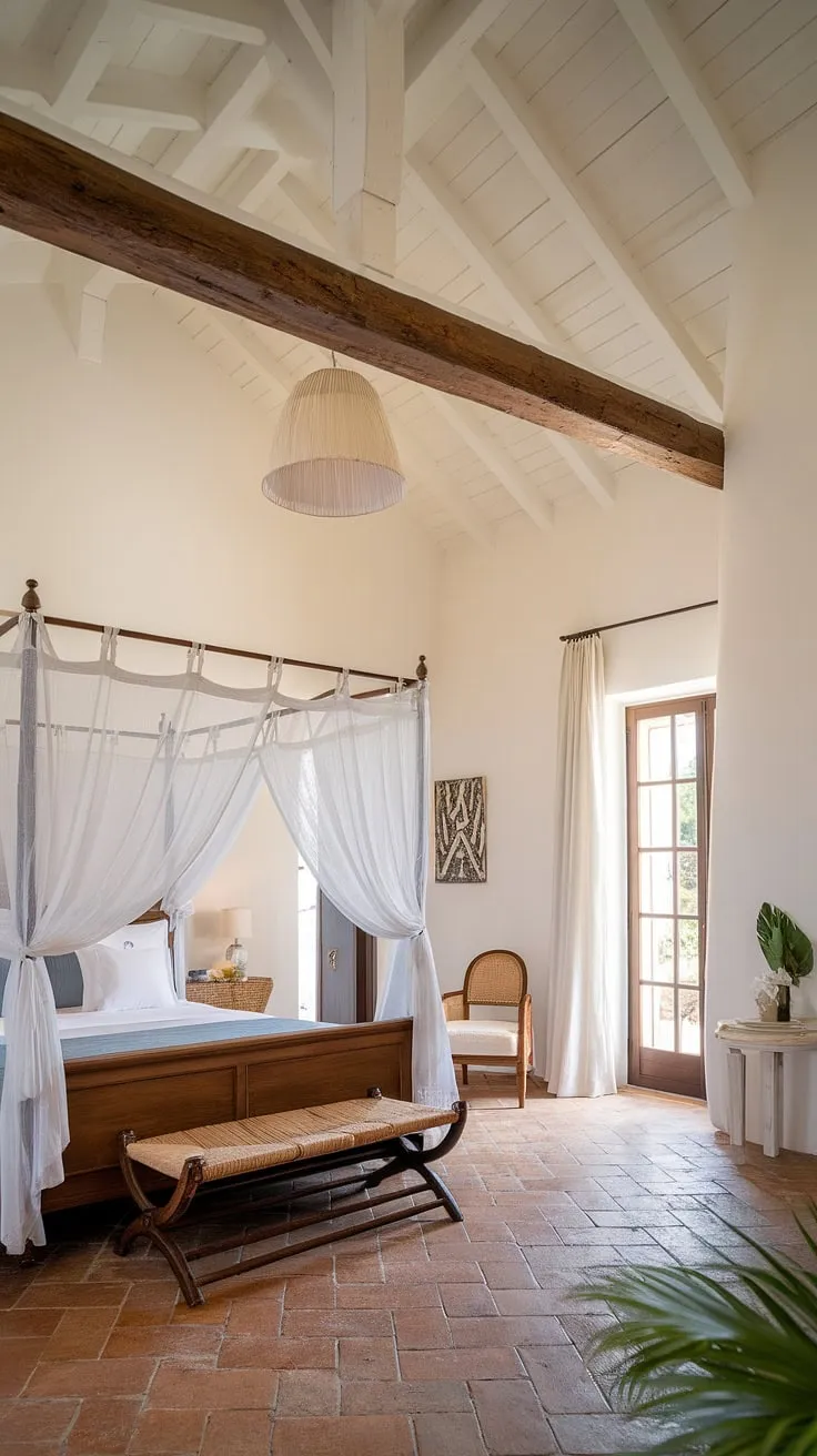 Drift away to the serene embrace of this Mediterranean haven. The high ceilings, exposed wooden beams, and terracotta tiles create a calming atmosphere, perfect for restful nights and sun-drenched mornings. A simple elegance pervades the space, enhanced by the whitewashed walls and the gentle glow of the hanging lamp. This is where tranquility meets understated luxury.