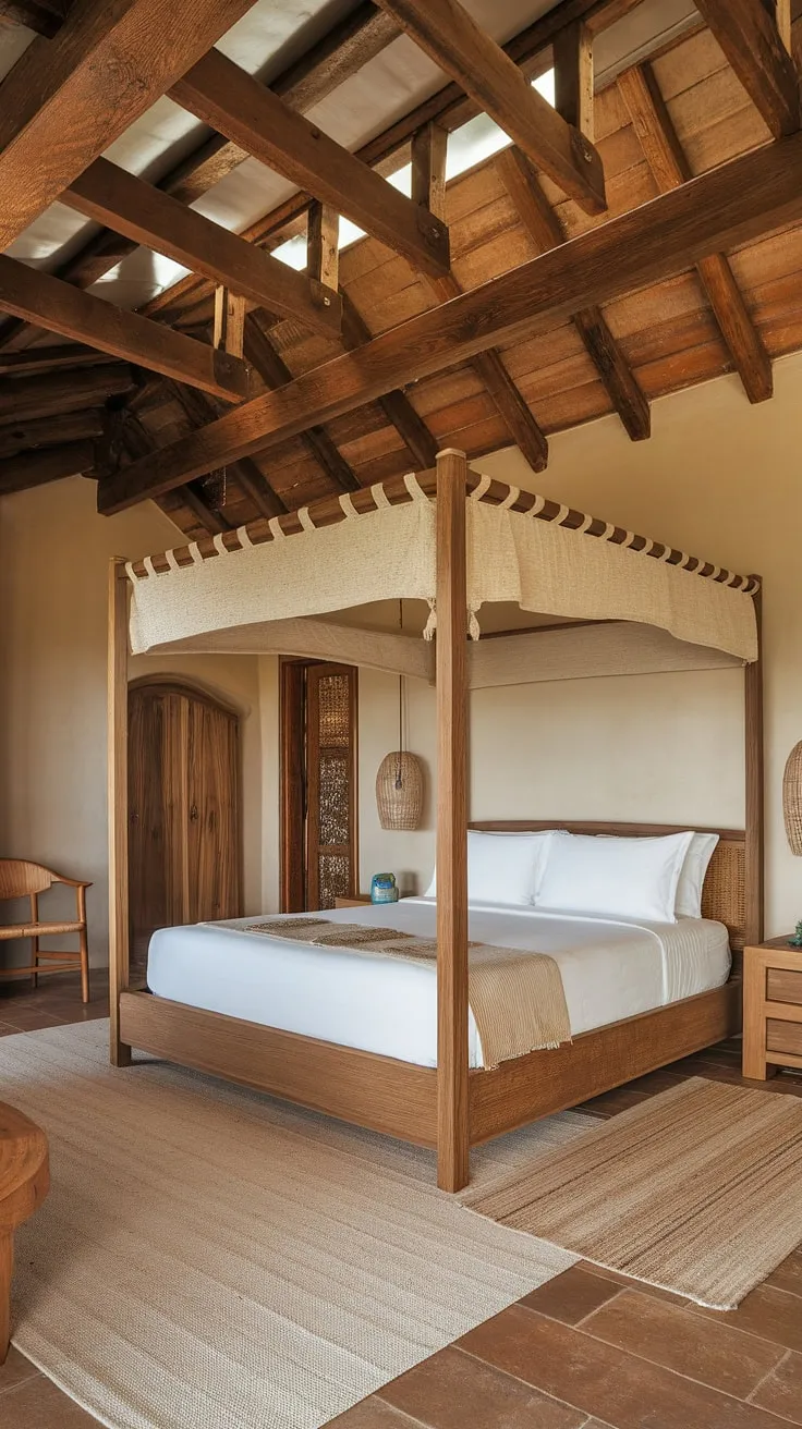 Awake to the gentle Mallorcan breeze in this idyllic bedroom. A haven of natural wood and calming beige tones, the space exudes a sense of peaceful serenity. The carefully chosen details, from the woven canopy to the rustic chair, create a uniquely inviting atmosphere.