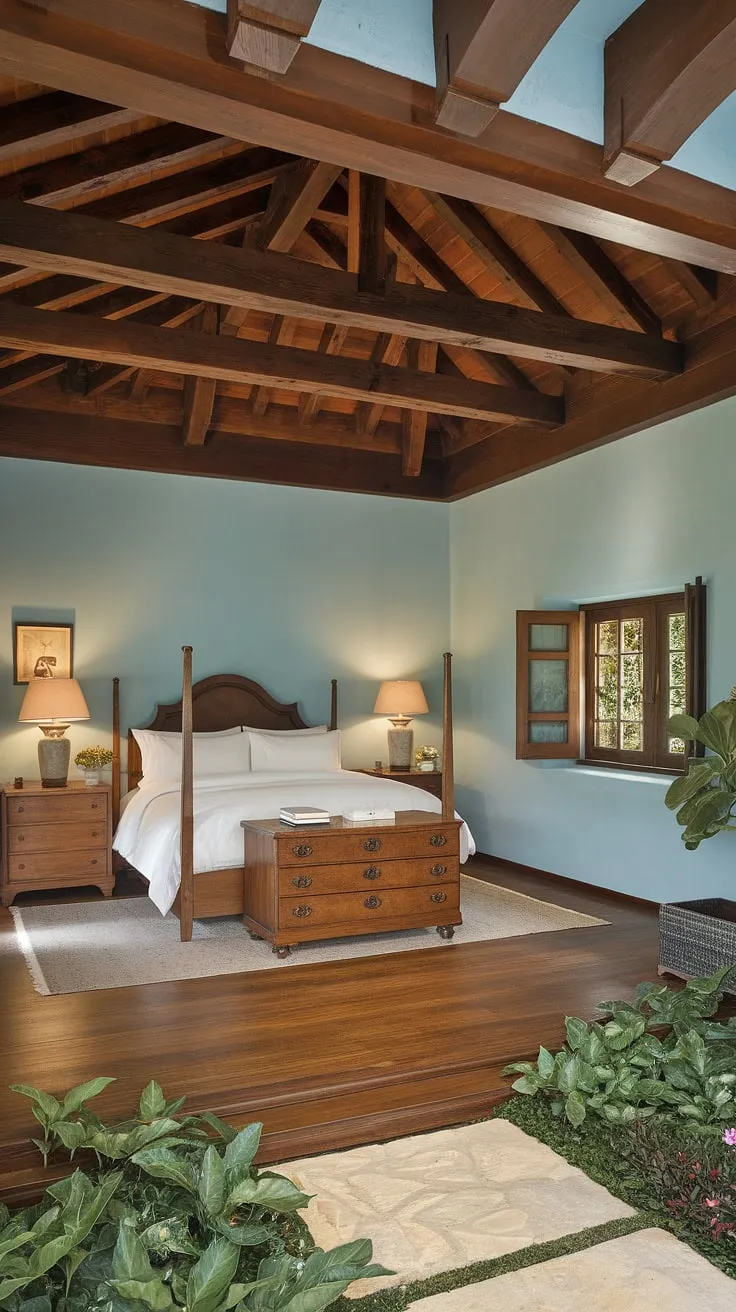 Wake up to the serenity of this Mediterranean-style bedroom. The warm wood, soft blue walls, and tranquil courtyard view create a haven of peace and a quietude.