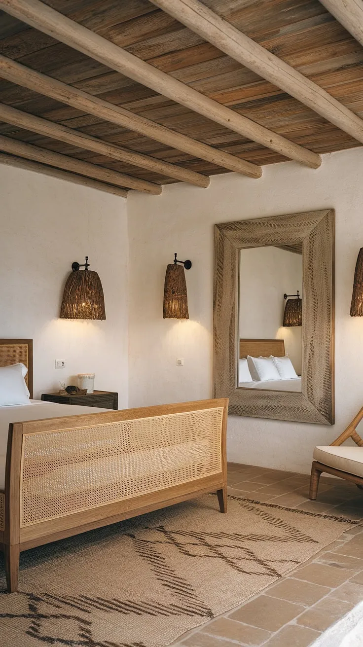 Imagine waking up in this idyllic Spanish-style retreat. The rustic wooden beams, whitewashed walls, and intricately woven bed invite you to unwind and embrace the simple pleasures of life. Every detail, from the tiled floor to the antique mirror, whispers of sun-drenched days and balmy nights. A sanctuary of peace and serenity awaits.