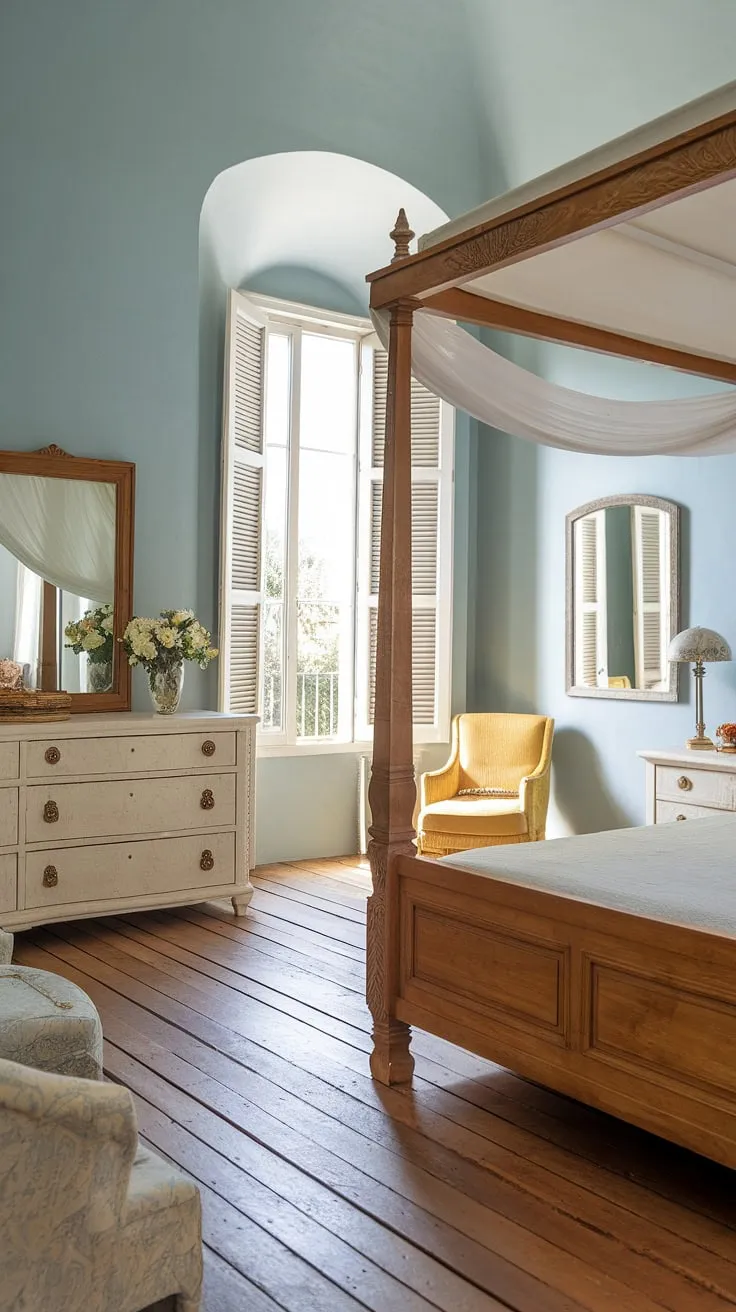 Wake up to the sun-drenched beauty of Mallorca. This bedroom, with its hand-hewn wooden beams and crisp white canopy bed, evokes the relaxed elegance of a Spanish villa. The soft blue walls and warm wooden floors create a tranquil haven, perfect for escaping the everyday. A touch of sunshine yellow adds a cheerful pop of color. A truly idyllic retreat.