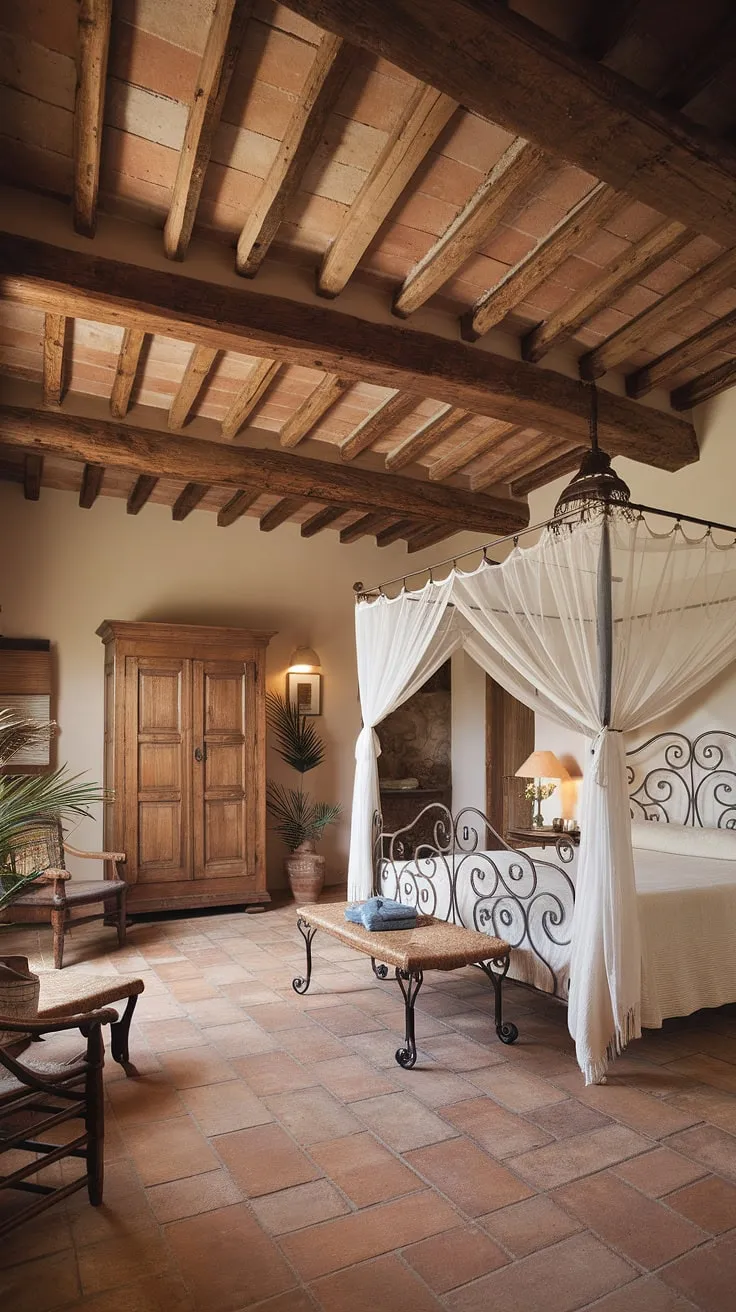 Drift away to sleep under the canopy of this stunning Mediterranean bedroom. The exposed stone, warm wooden beams, and handcrafted details whisper tales of sun-drenched days and starlit nights. A perfect blend of rustic charm and refined elegance.