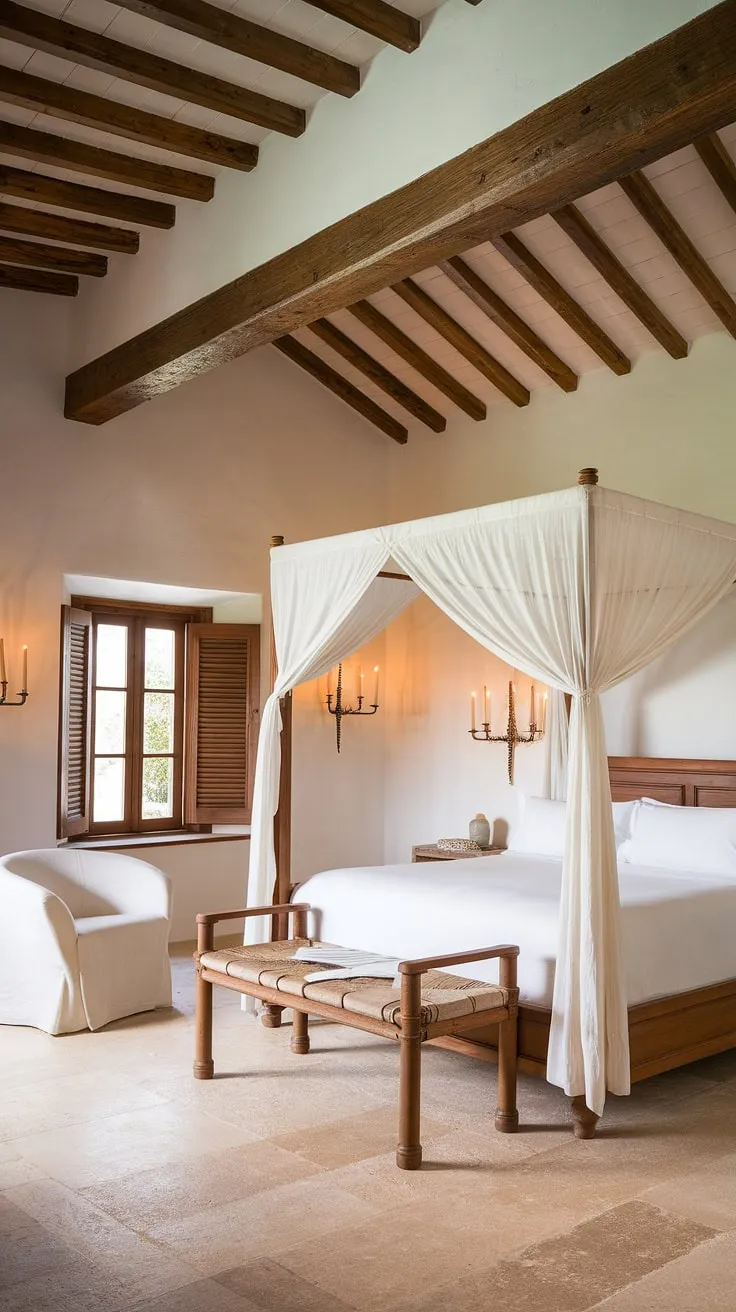 Sunlight streams through the wooden shutters of this Spanish villa in Mallorca, illuminating the warm tones of the handcrafted wooden bed and the calming white walls. A perfect blend of rustic elegance and modern comfort, this bedroom offers a sanctuary of tranquility, a place to unwind and reconnect.