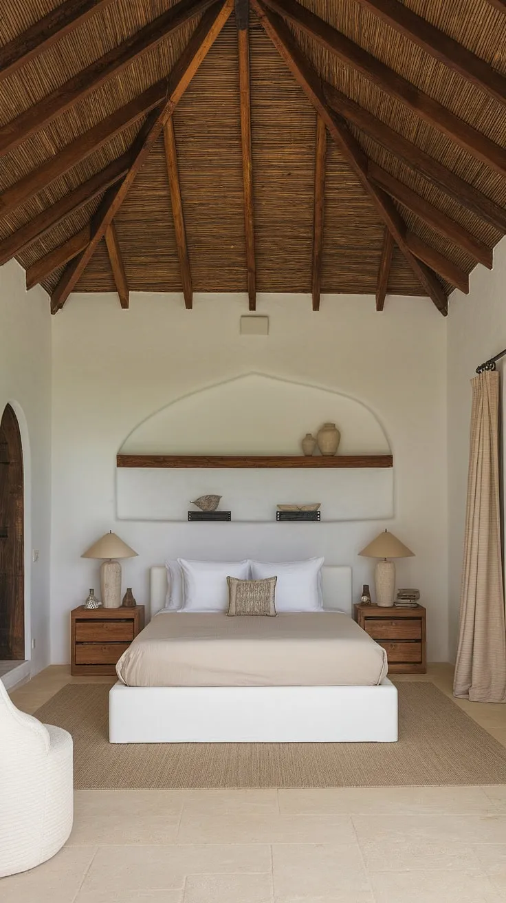 Sunlight streams through the sheer beige curtains, illuminating the calming white walls and high wooden ceilings of this Mediterranean-style bedroom. The simple elegance of the queen-size bed, complemented by the warm wood of the nightstands and built-in shelving, creates a tranquil sanctuary. A white chair sits quietly in the corner, adding to the sense of peaceful serenity.