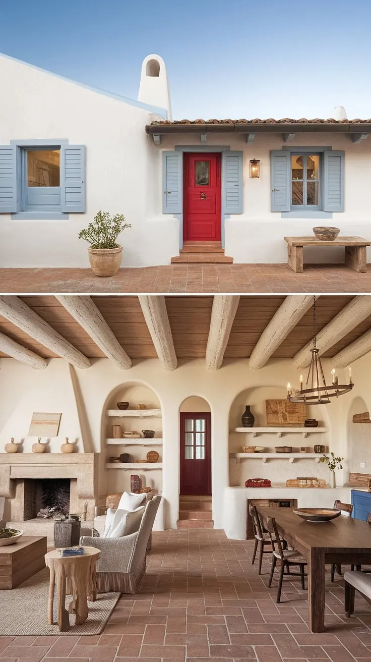 A sun-drenched Mediterranean home boasts a charming white exterior, blue accents, and a warm interior featuring terracotta floors, wood beams, and a stone fireplace.