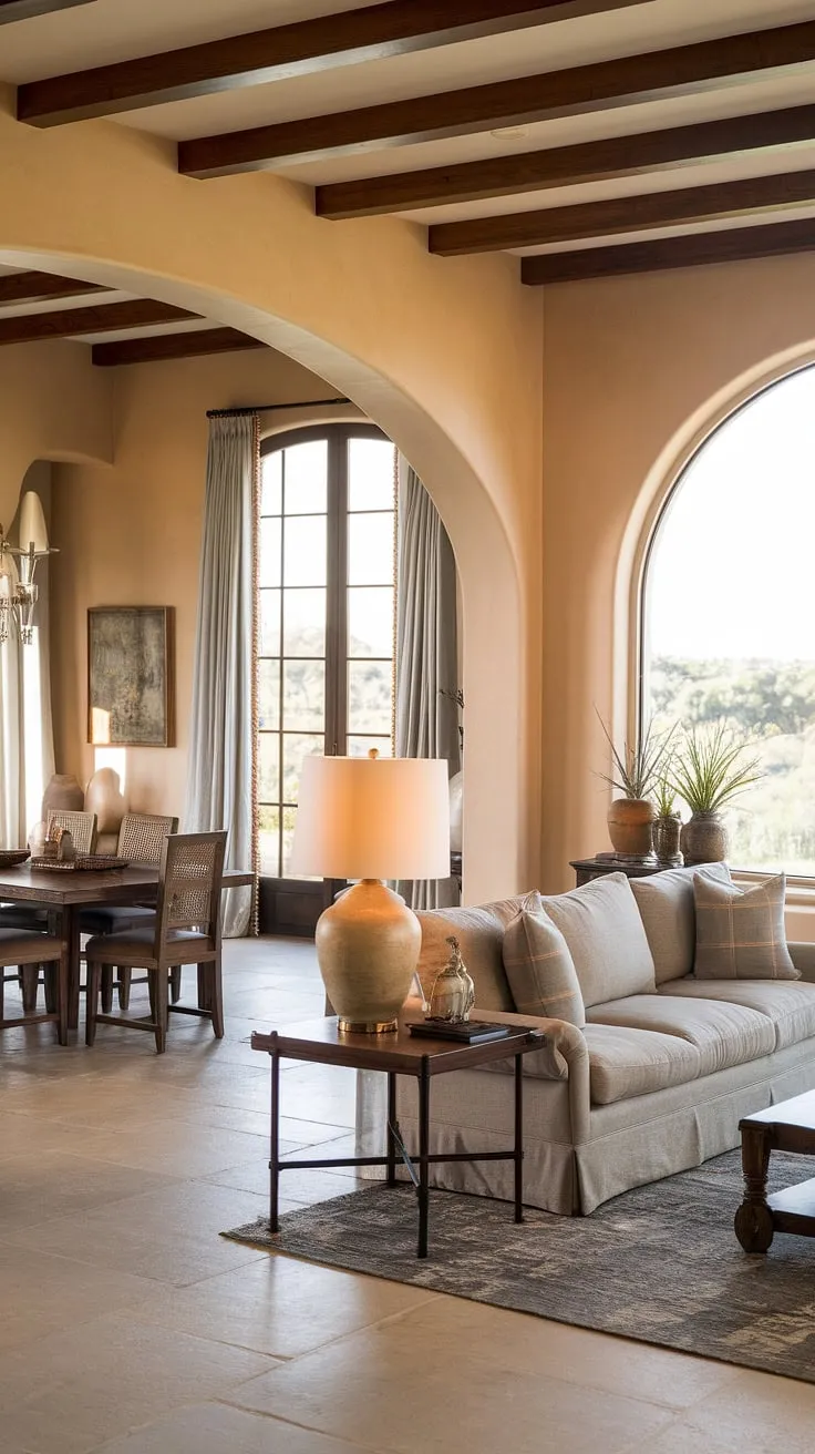 Elegant Italian ranch-style living, bathed in Mediterranean light and showcasing a warm, inviting interior.